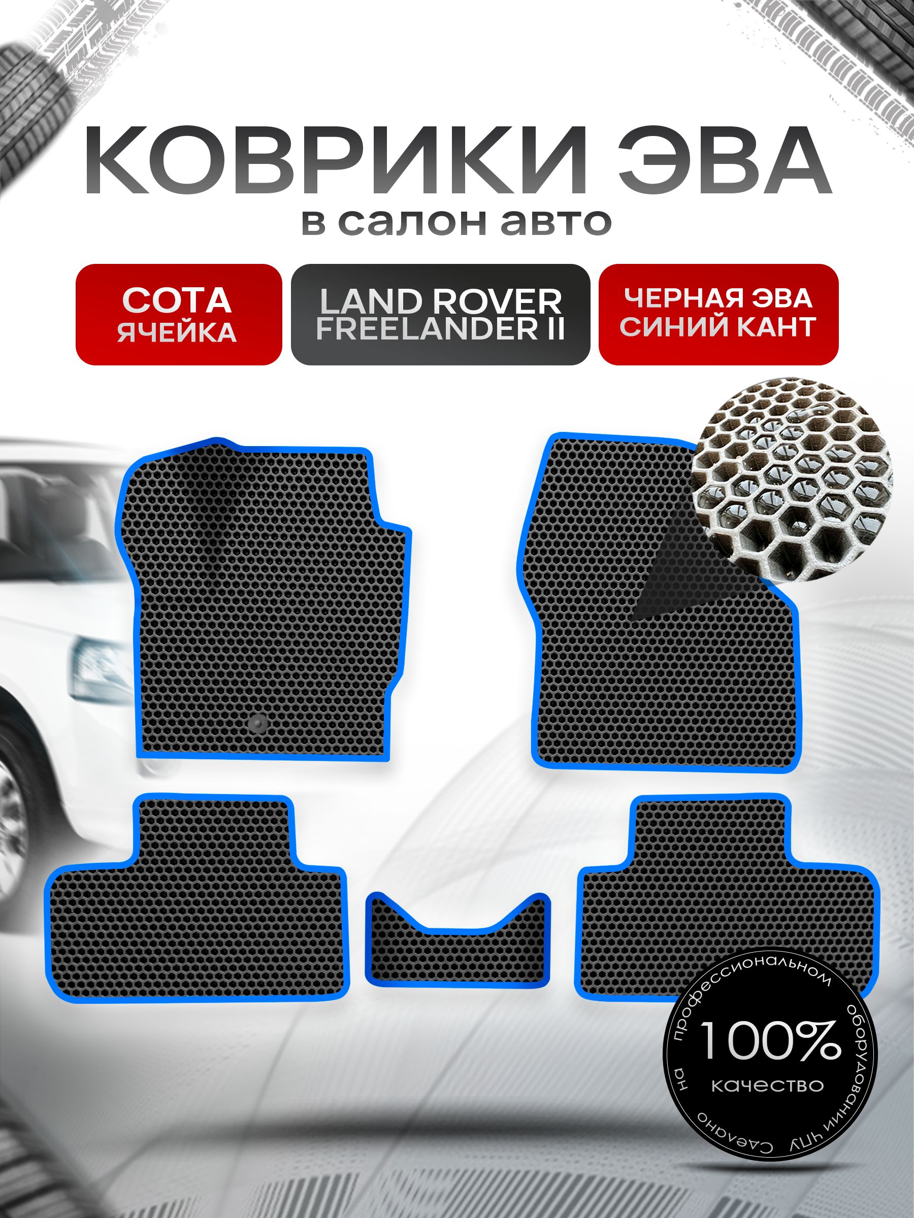 Коврики ЭВА СОТА для авто Land Rover Freelander / Лэнд Ровер Фрилендер 2 II 2006-2012 Г.В. Чёрный с Синим кантом. Ричмарк — фото 1