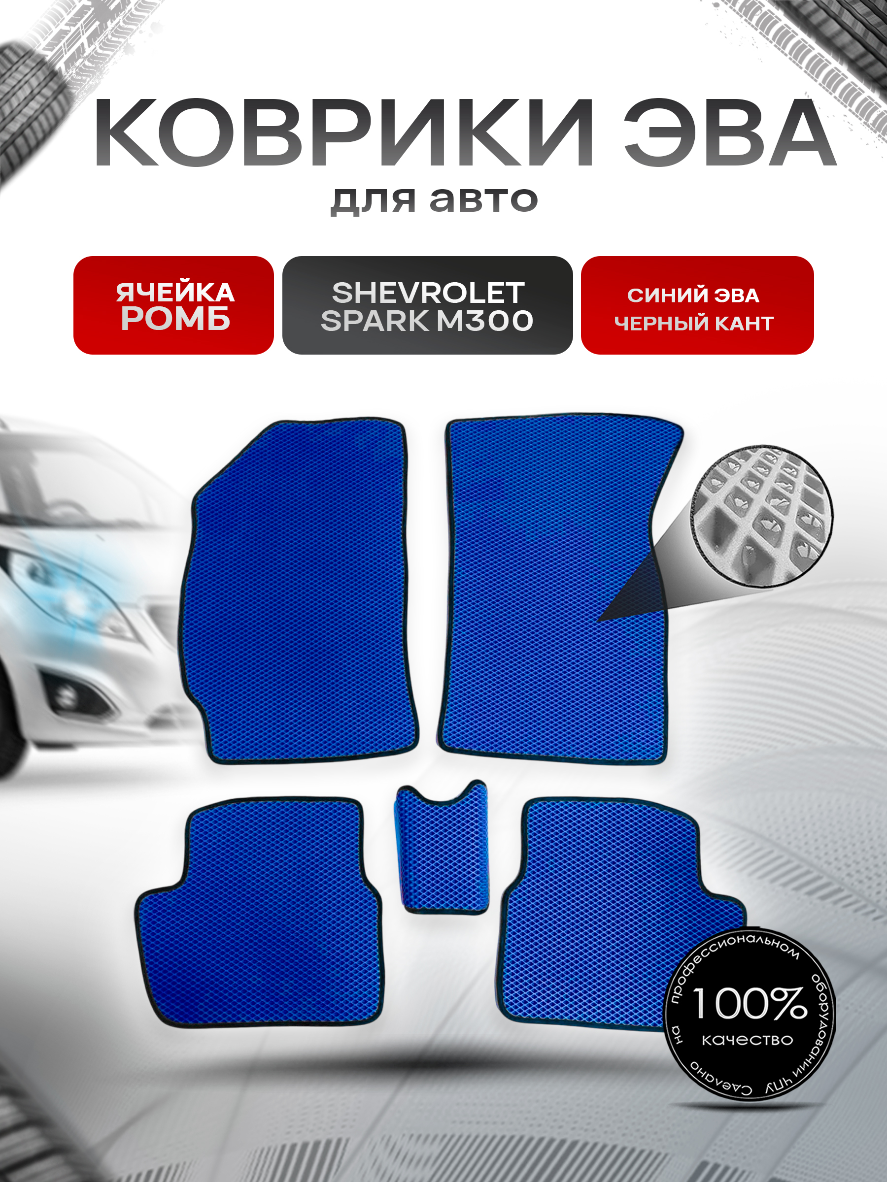 Коврики ЭВА для авто Chevrolet Spark / Шевроле Спарк M300 Ravon R2 2010-2023 Г.В. Синий С Чёрным Кантом. Ричмарк — фото 1