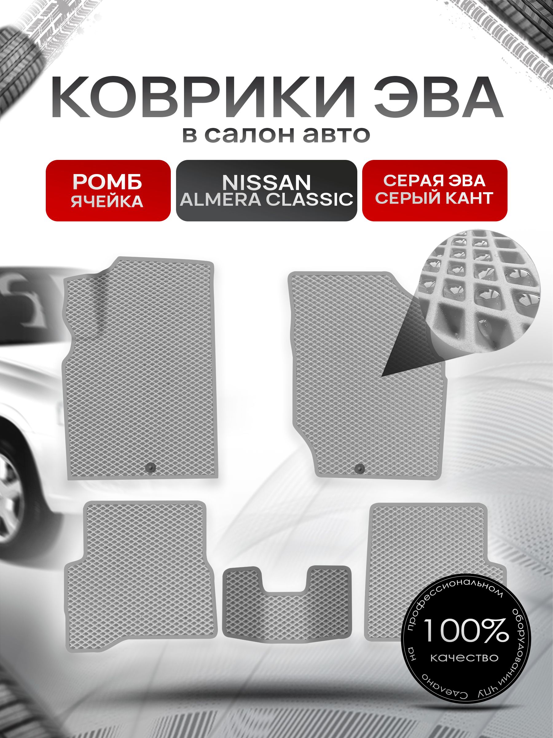 Коврики ЭВА для авто Nissan Almera / Ниссан Альмера Classic 2006-2013 Г.В. Серый С Серым Кантом. Ричмарк — фото 1
