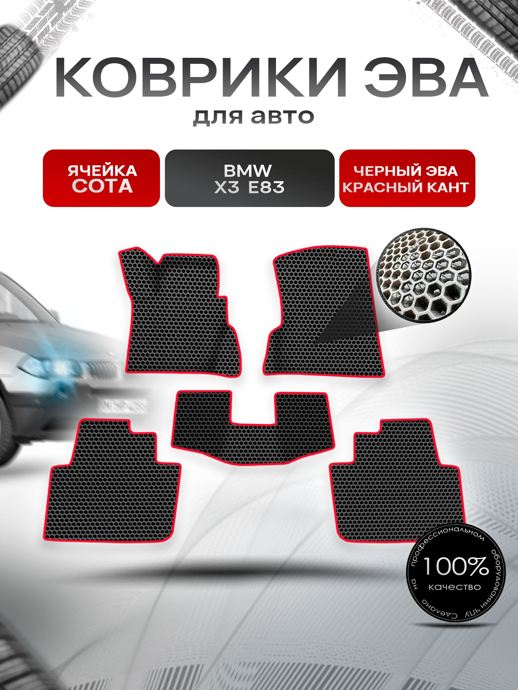 Коврики ЭВА СОТА для авто БМВ Икс 3 Е83 / BMW X3 E83 2003-2010 Г.В. Чёрный с Красным кантом. Ричмарк — фото 1