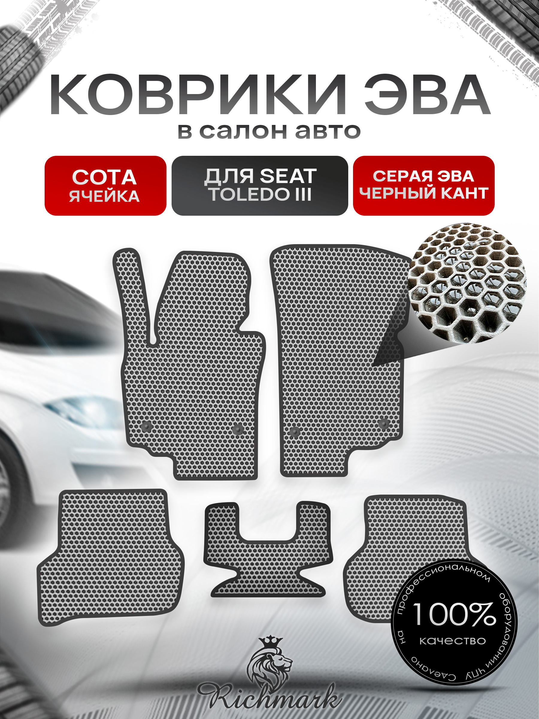 Коврики ЭВА СОТА для автомобиля Seat Toledo III 2006-2012 / Сеат Толедо 3 Серый С Чёрным Кантом. Ричмарк — фото 1