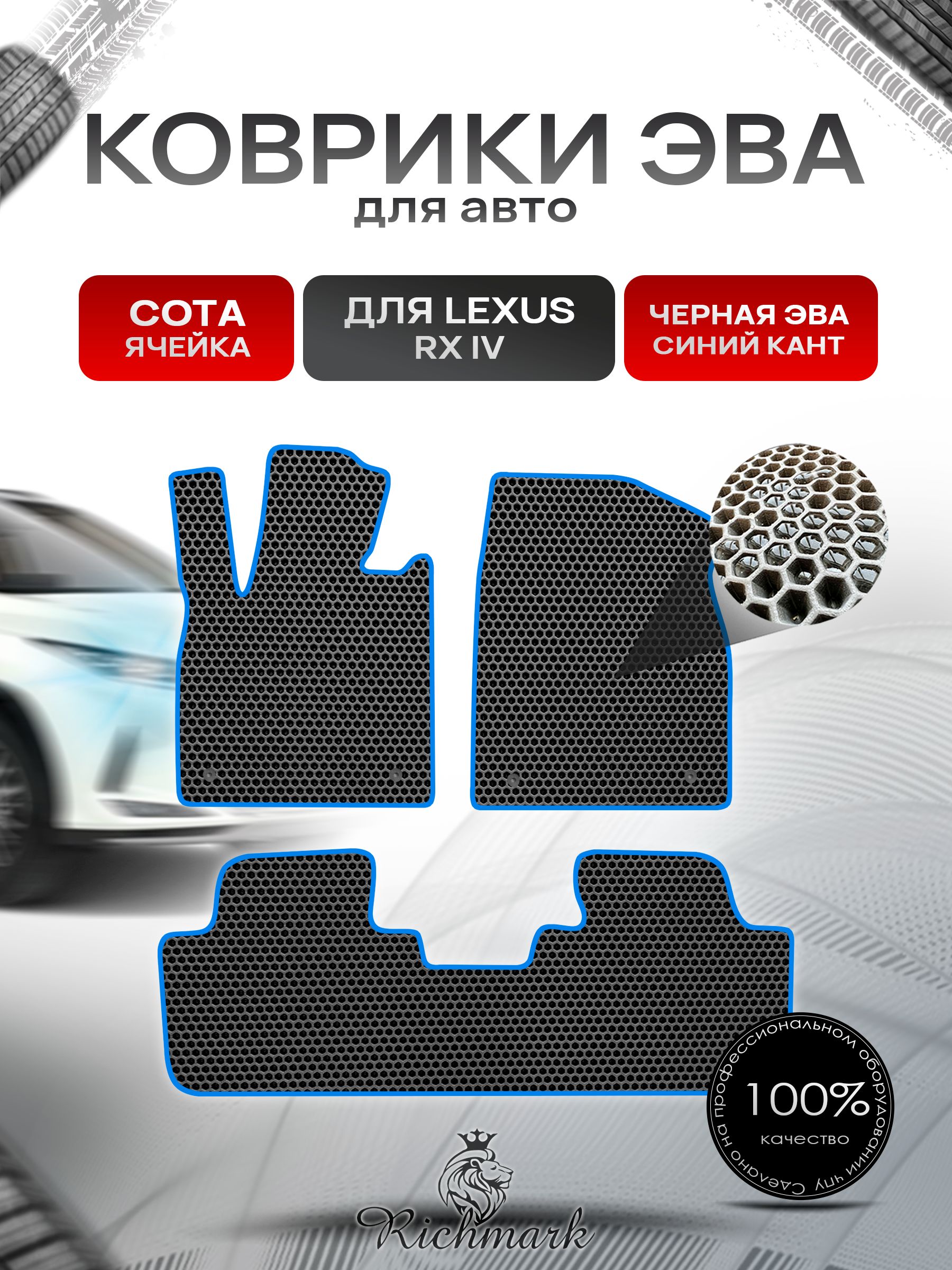 Коврики ЭВА СОТА для автомобиля Lexus RX 4 2015-2022 / Лексус РХ 4 Чёрный С Синим Кантом. Ричмарк — фото 1