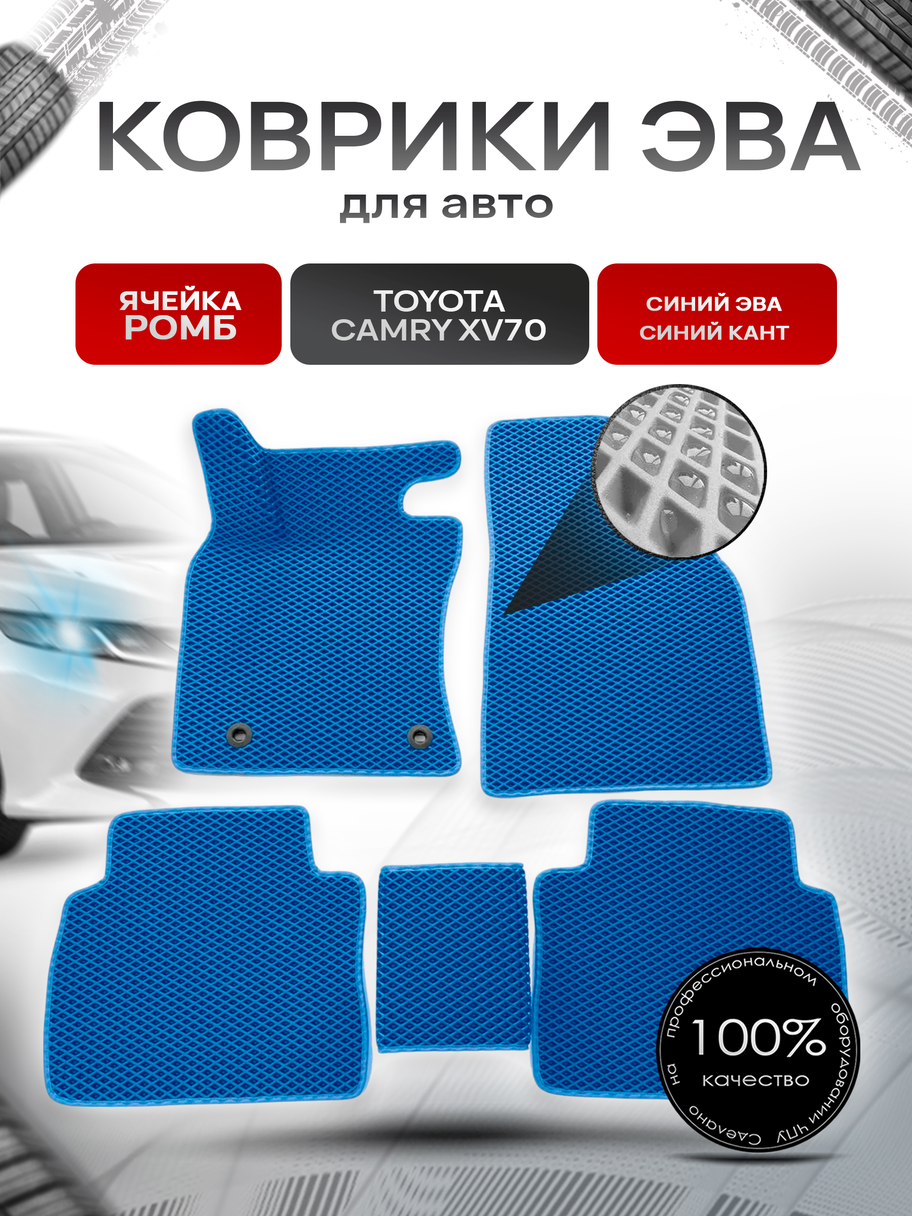 Коврики ЭВА для авто Toyota Camry / Тойота Камри Левый руль XV70 2017-2021 Г.В. Синий С Синим Кантом. Ричмарк — фото 1