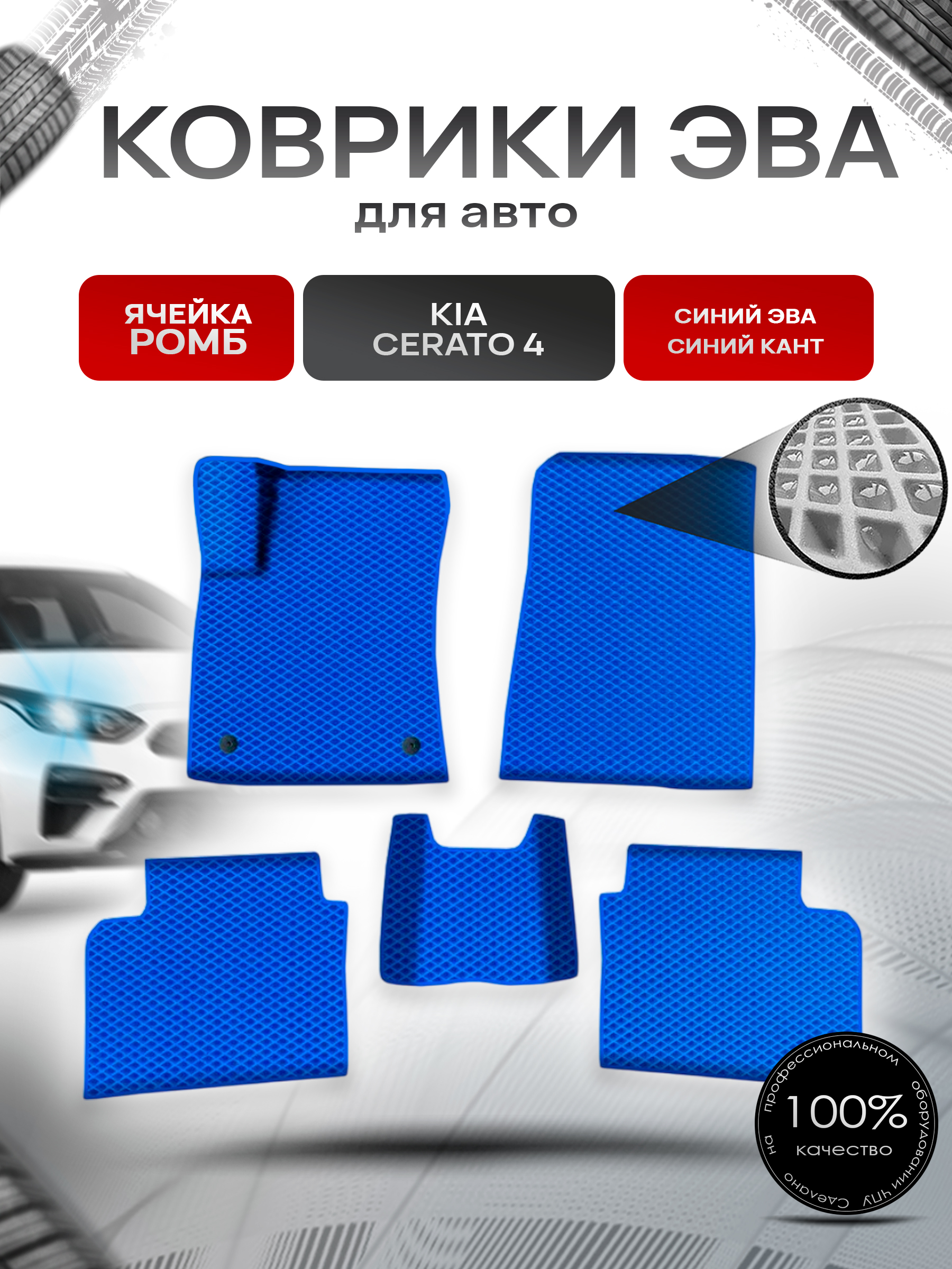 Коврики ЭВА Ромб для авто Киа Церато / Серато / Kia Cerato 4 2018-2022 Г.В. Синий с Синим кантом. Ричмарк — фото 1