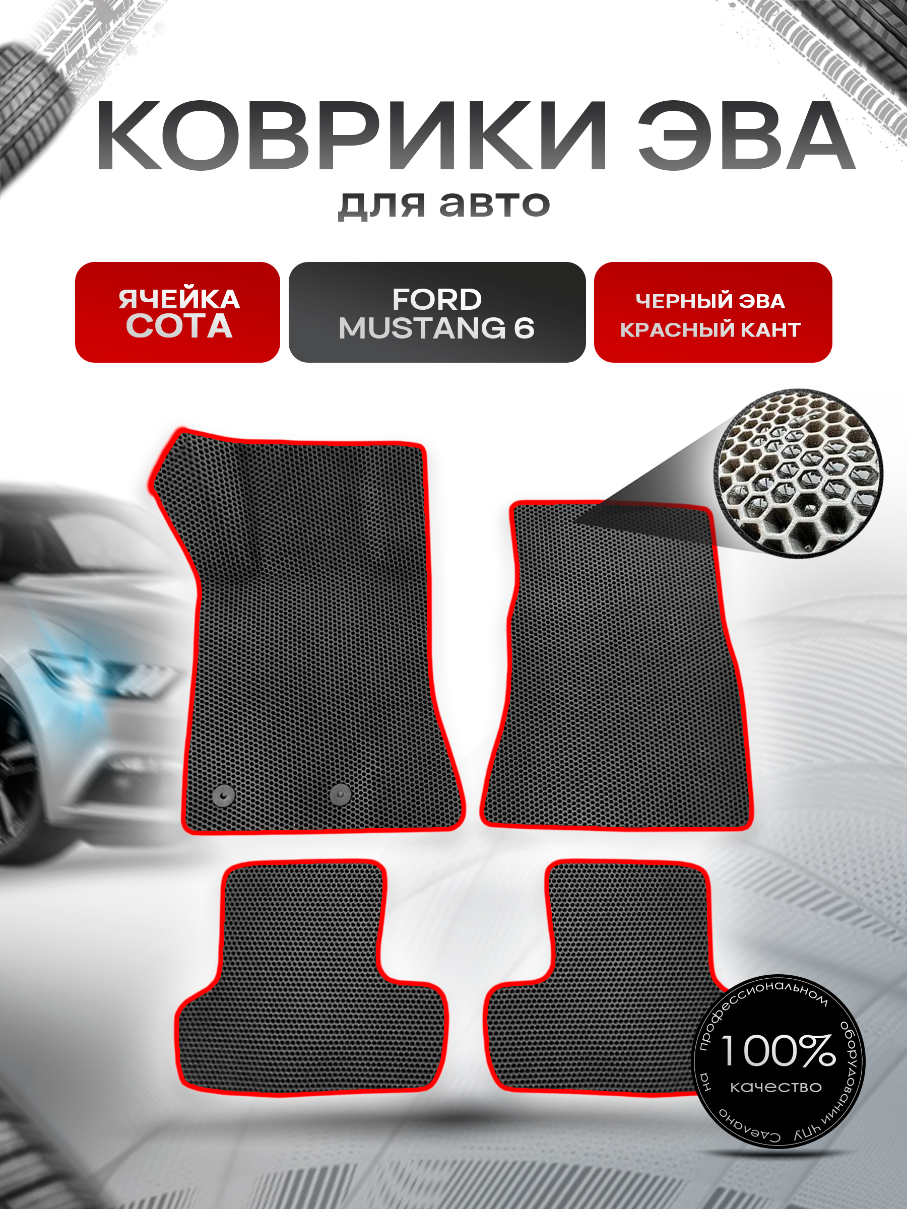 Коврики ЭВА СОТА для авто Ford Mustang 6 / Форд Мустанг 6 2014-2022 Г.В. Чёрный с Красным кантом. Ричмарк — фото 1