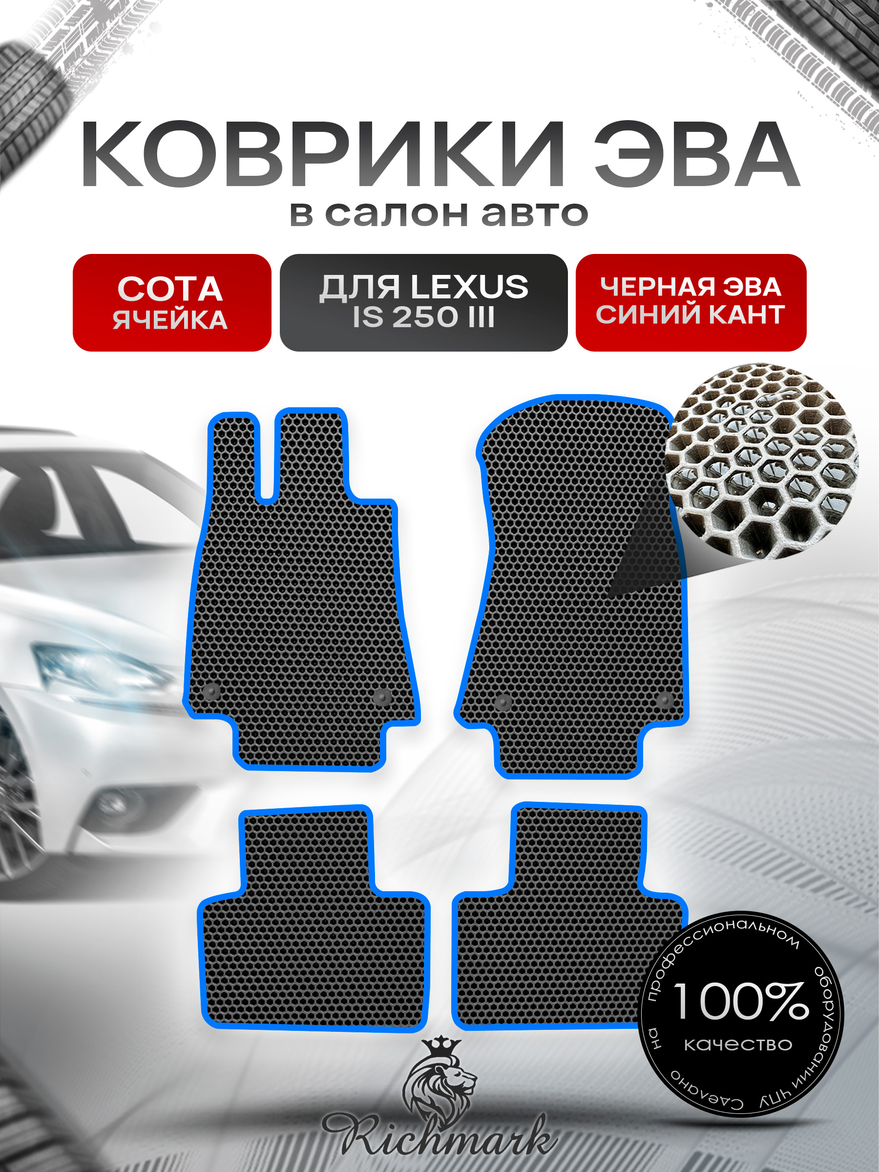 Коврики ЭВА СОТА для автомобиля Lexus IS 250 III (европа) 2013+ / Лексус ИС 250 Чёрный С Синим Кантом. Ричмарк — фото 1