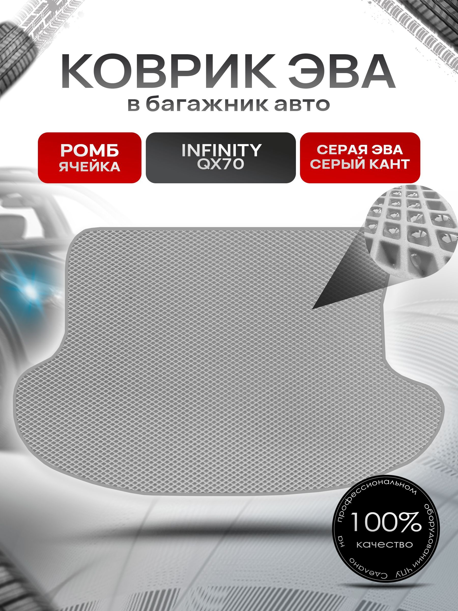 Коврик в багажник ЭВА РОМБ для авто Инфинити / Infiniti QX70 2013 -2017 Серый с Серым кантом. Ричмарк — фото 1