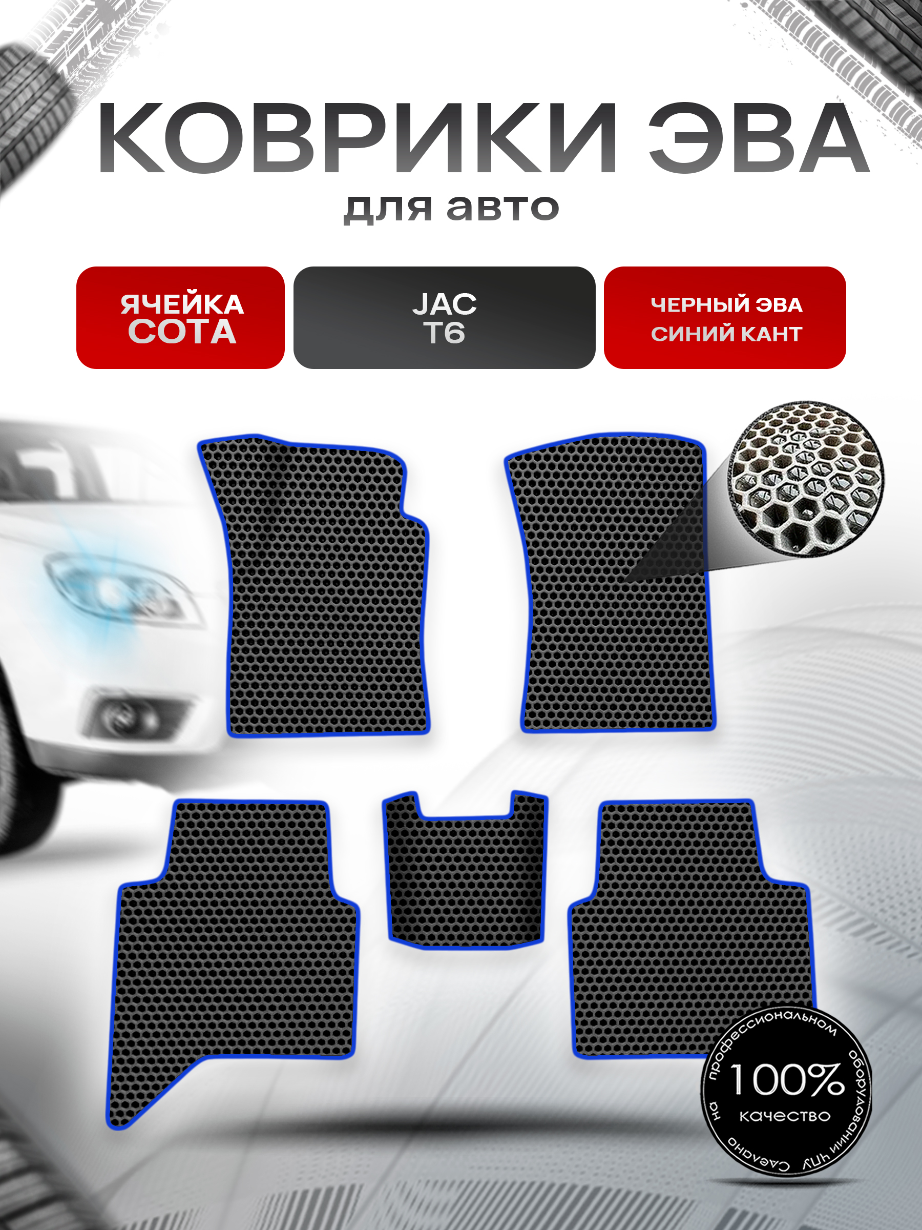 Коврики ЭВА СОТА для авто JAC T6 / Жак Т6 2016+ Чёрный с Синим кантом. Ричмарк — фото 1