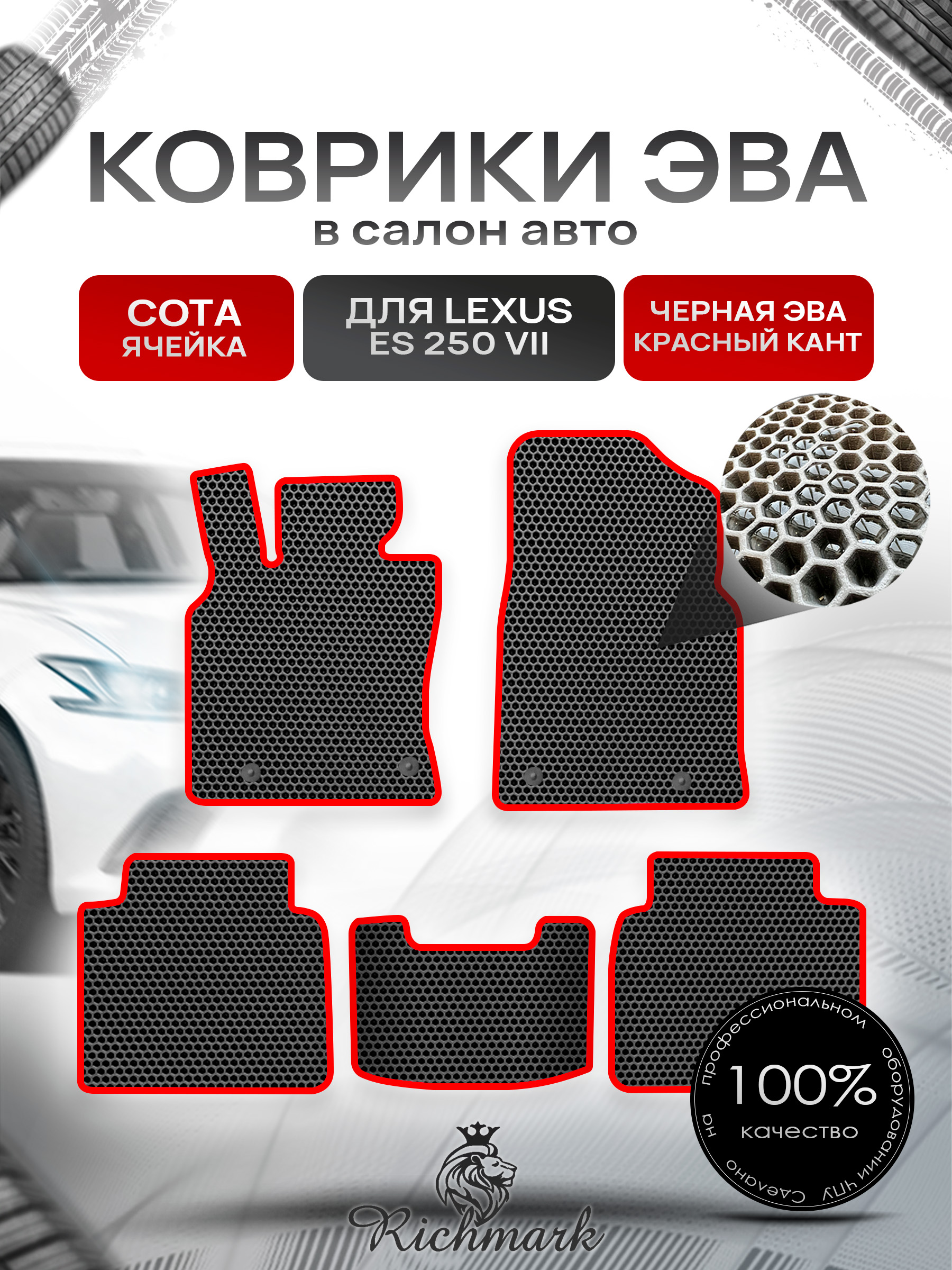 Коврики ЭВА СОТА для автомобиля Lexus ES 250 VII 2018+ / Лексус ЕС 250-7 Чёрный С Красным Кантом. Ричмарк — фото 1