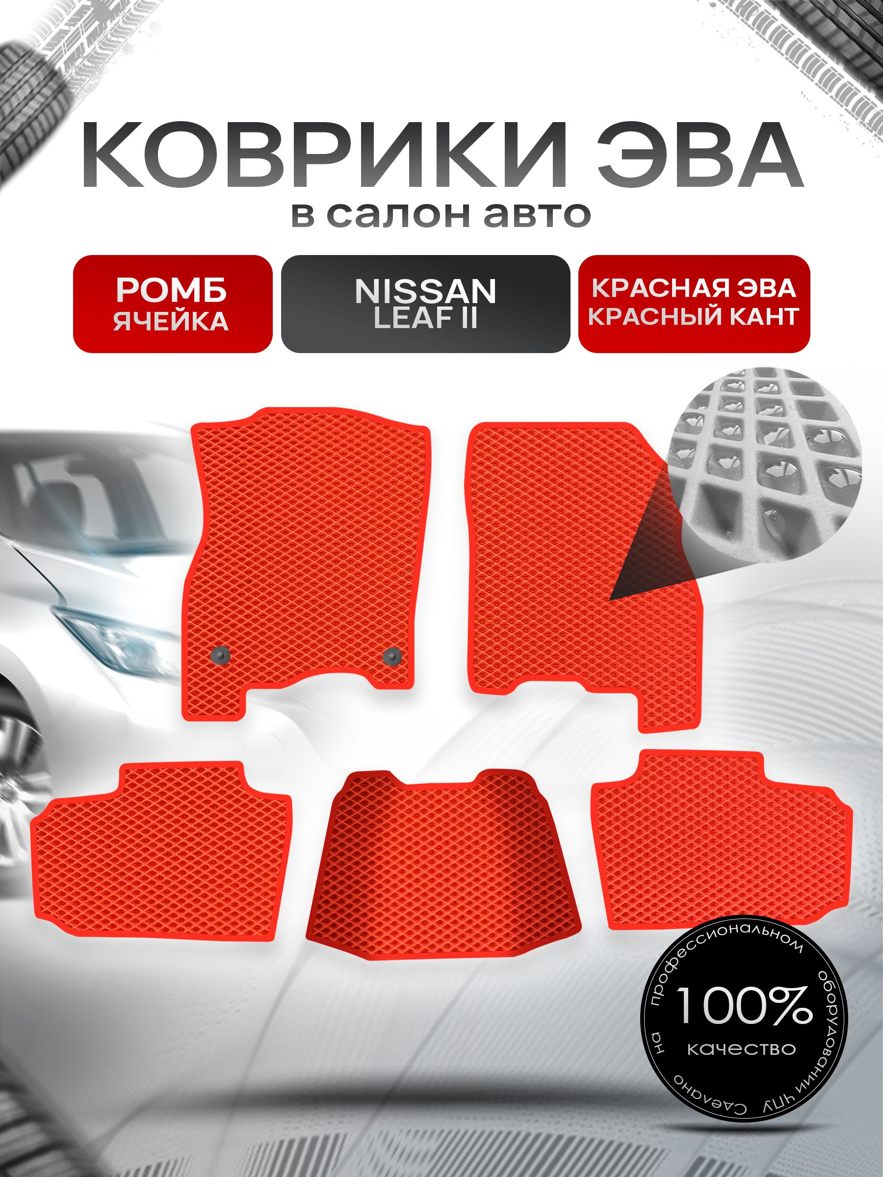 Коврики ЭВА РОМБ для авто Ниссан Лиф 2 / Nissan Leaf 2 (ZE1) 2017+ Красный С Красным Кантом. Ричмарк — фото 1