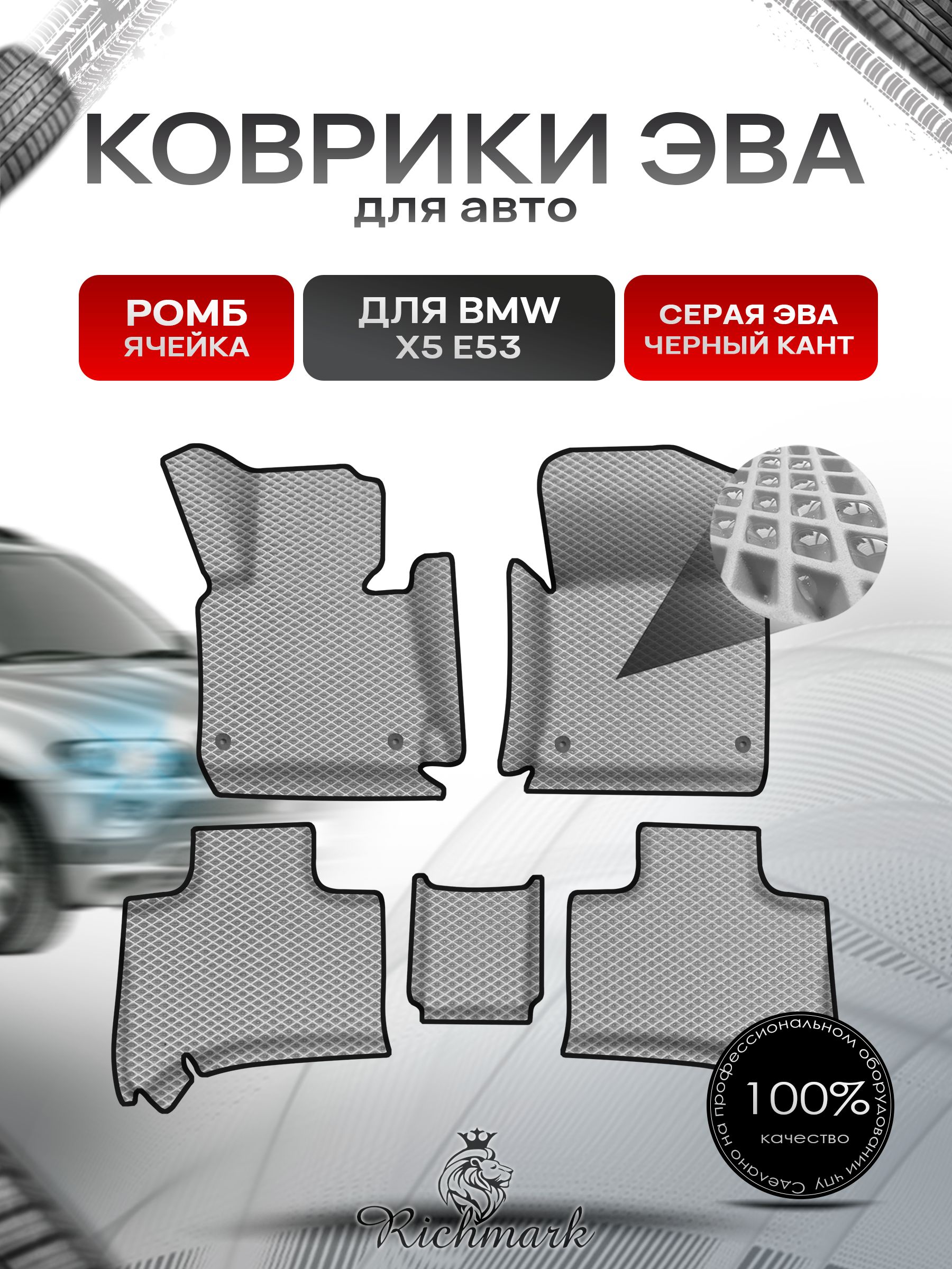 Коврики ЭВА Ромб для авто с бортами BMW X5 E53 1999-2006 / БМВ Е53 Серый с Чёрным кантом. Ричмарк — фото 1