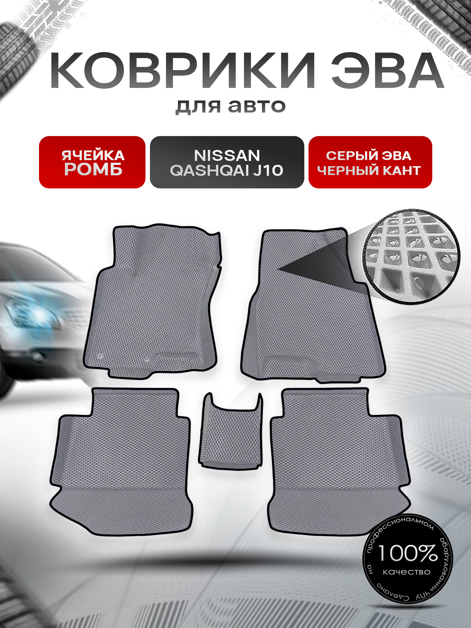 Коврики С БОРТАМИ ЭВА Ромб для авто Nissan Qashqai J10 / Ниссан Кашкай 2006-2014 Г.В. Серый с Чёрным кантом. Ричмарк — фото 1