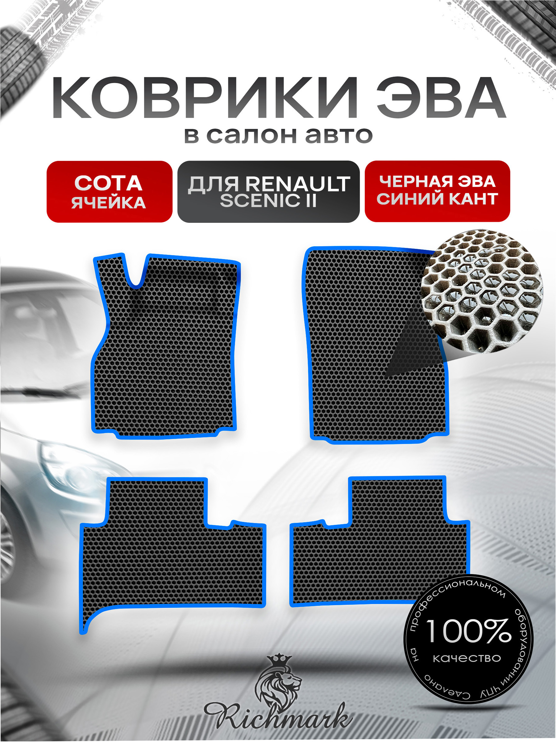 Коврики ЭВА СОТА для авто Renault Scenic 2 / Рено Ценик 2 2003-2009 Г.В. Чёрный с Синим кантом. Ричмарк — фото 1