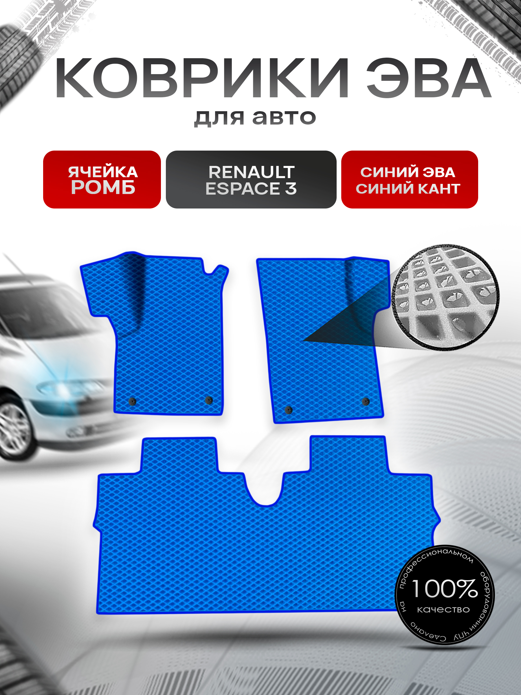 Коврики ЭВА Ромб для авто Renault espace 3 / Рено Еспейс 3 1996-2002 Г.В. Синий с Синим кантом. Ричмарк — фото 1