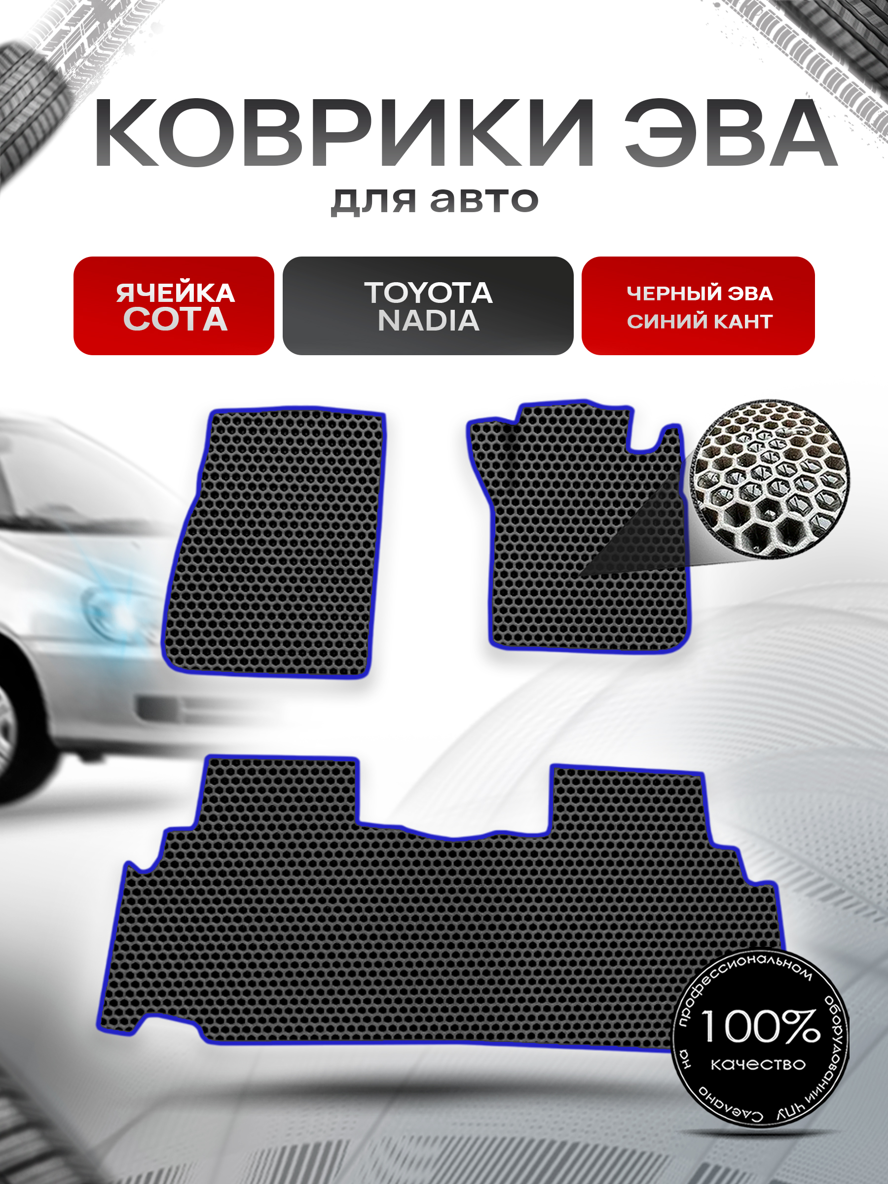 Коврики ЭВА СОТА для авто Toyota Nadia Правый руль / Тойота Nadia Правый руль 1998-2003 Г.В. Чёрный с Синим кантом. Ричмарк — фото 1