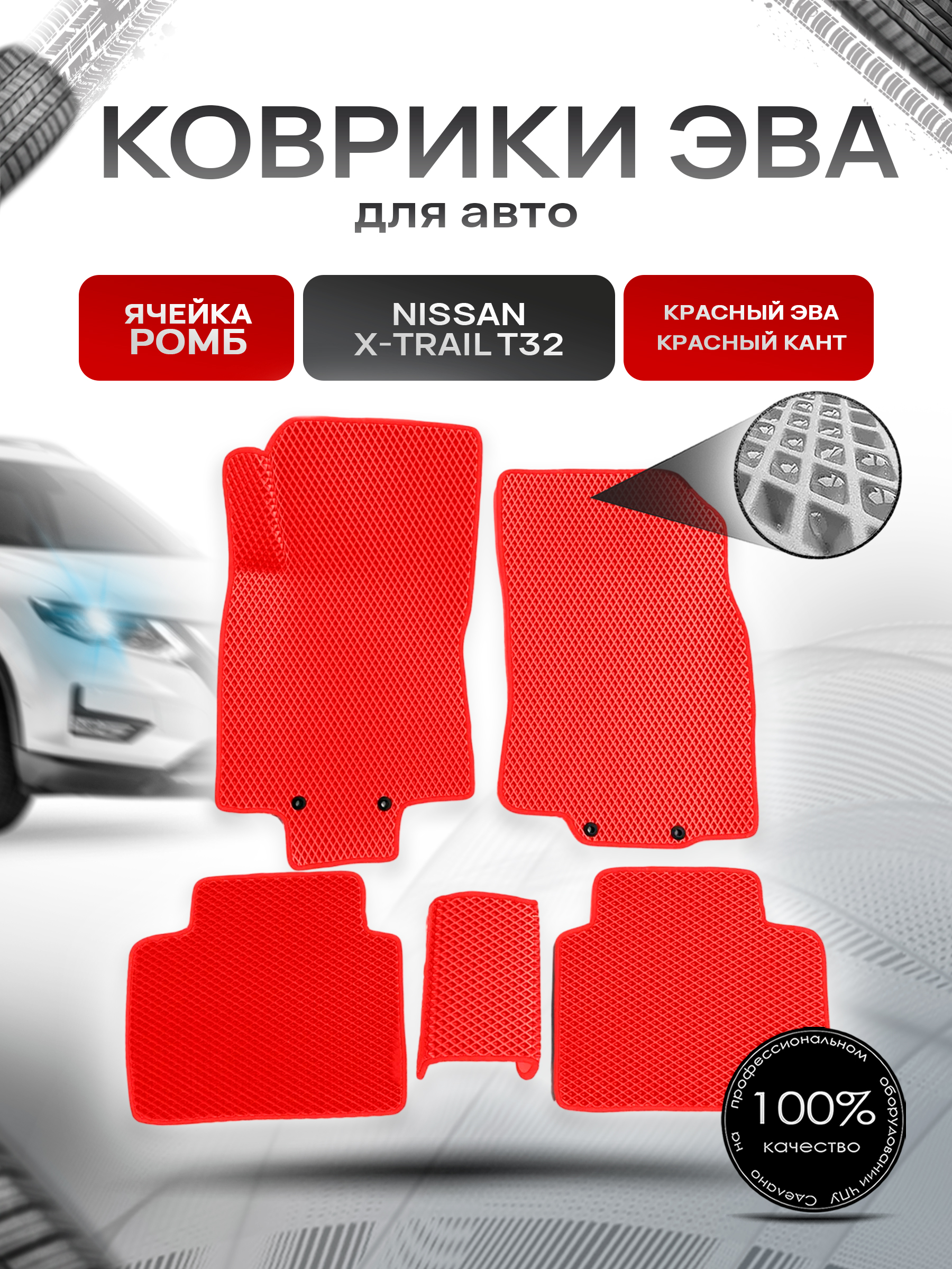 Коврики ЭВА для авто Nissan X-Trail / Ниссан Икс Трейл (T32) Левый Руль 2013-2021 Г.В. Красный С Красным Кантом. Ричмарк — фото 1
