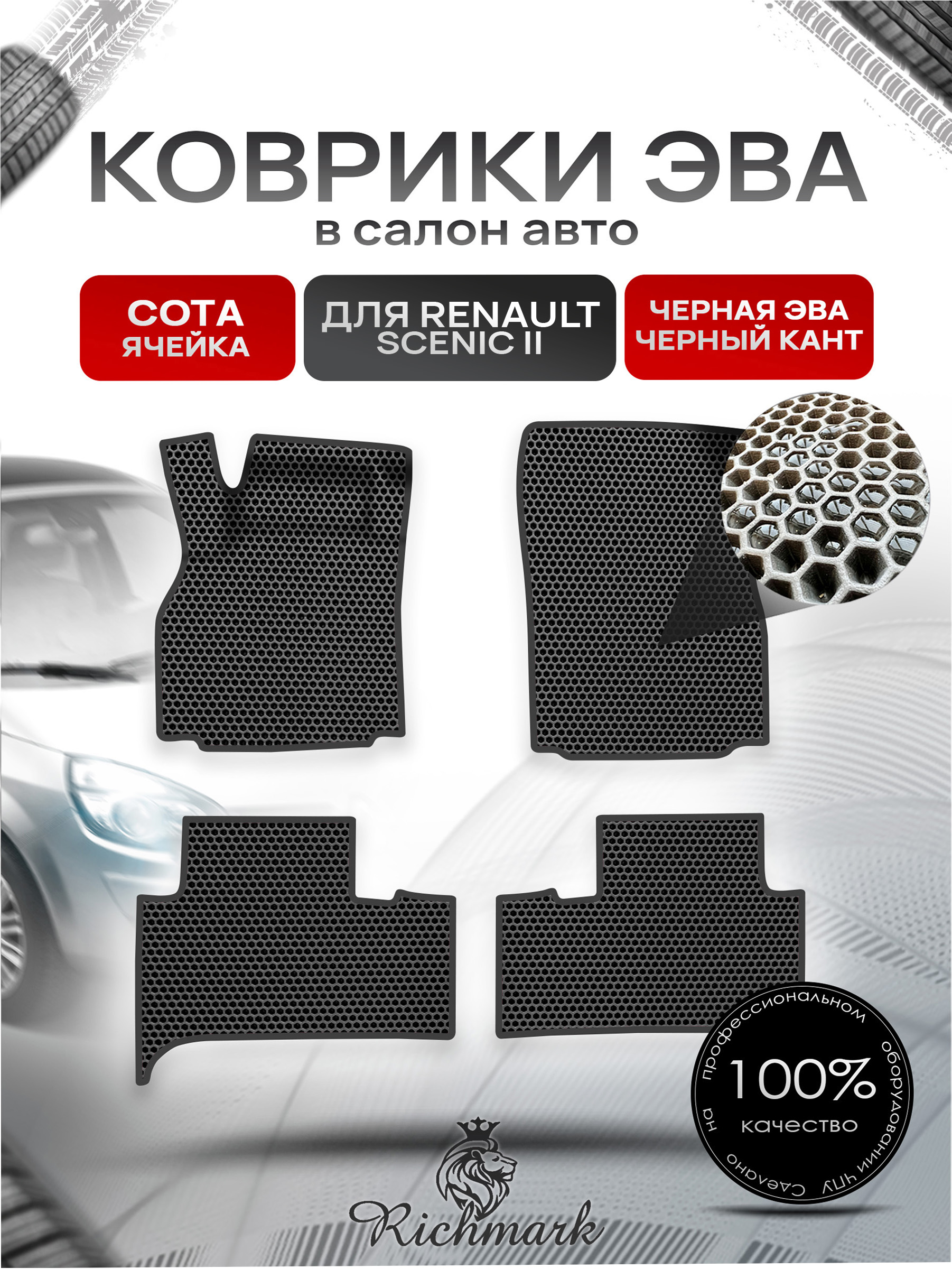 Коврики ЭВА СОТА для авто Renault Scenic 2 / Рено Ценик 2 2003-2009 Г.В. Чёрный с Чёрным кантом. Ричмарк — фото 1