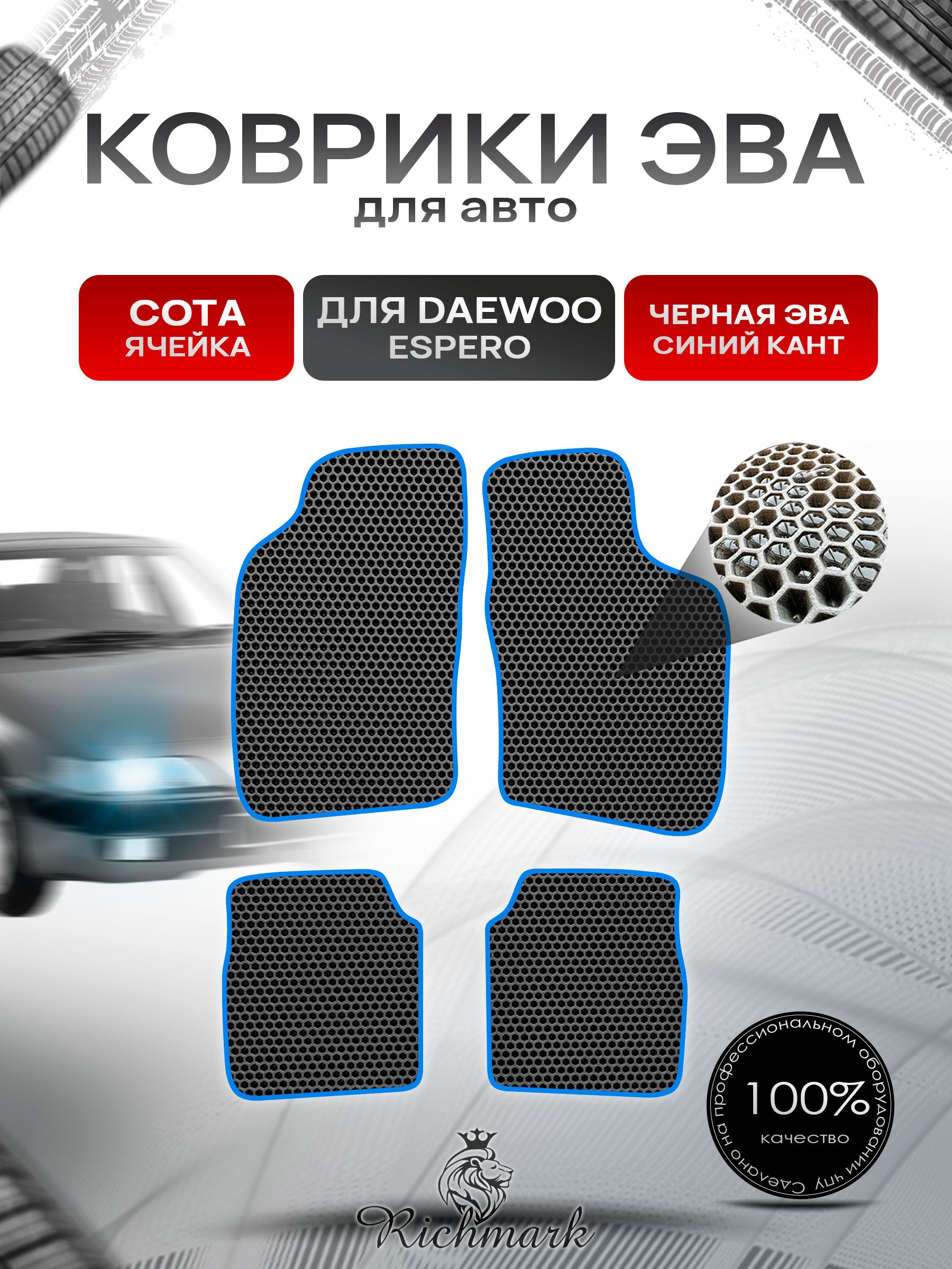 Коврики ЭВА СОТА для автомобиля Daewoo Espero 1990-1999 / Деу Эсперо Чёрный С Синим Кантом. Ричмарк — фото 1