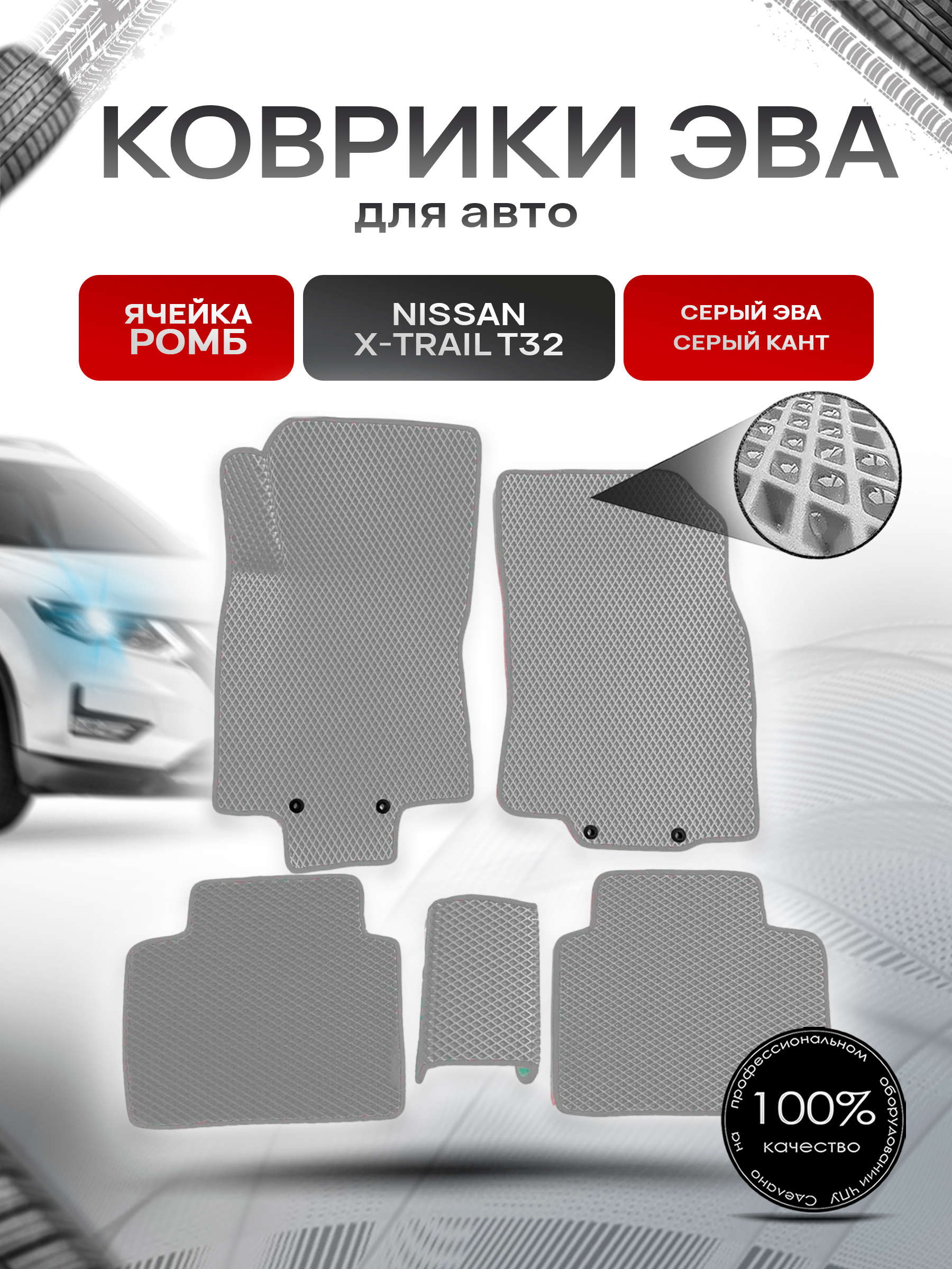 Коврики ЭВА для авто Nissan X-Trail / Ниссан Икс Трейл (T32) Левый Руль 2013-2021 Г.В. Серый С Серым Кантом. Ричмарк — фото 1