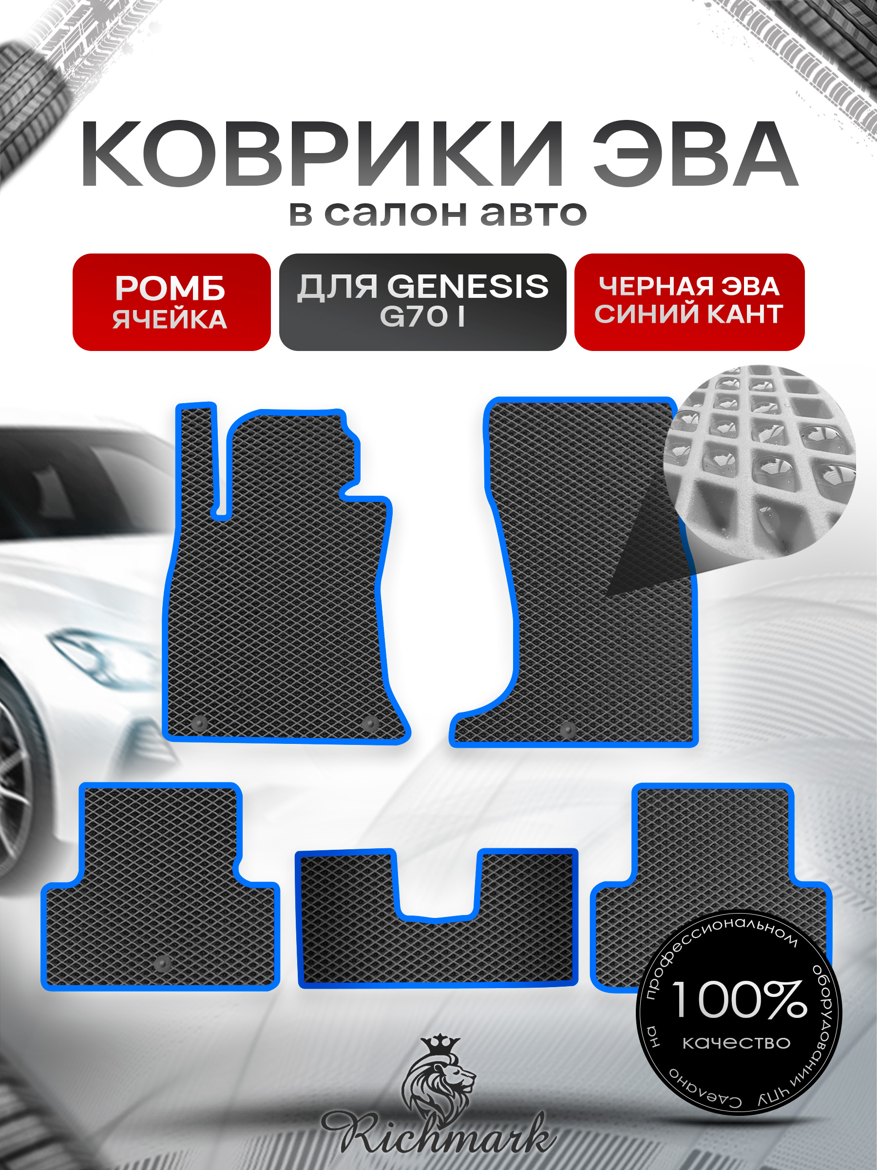 Коврики ЭВА РОМБ для автомобиля Hyundai Genesis G70 I 2017+ / Хендай Генезис Чёрный С Синим Кантом. Ричмарк — фото 1
