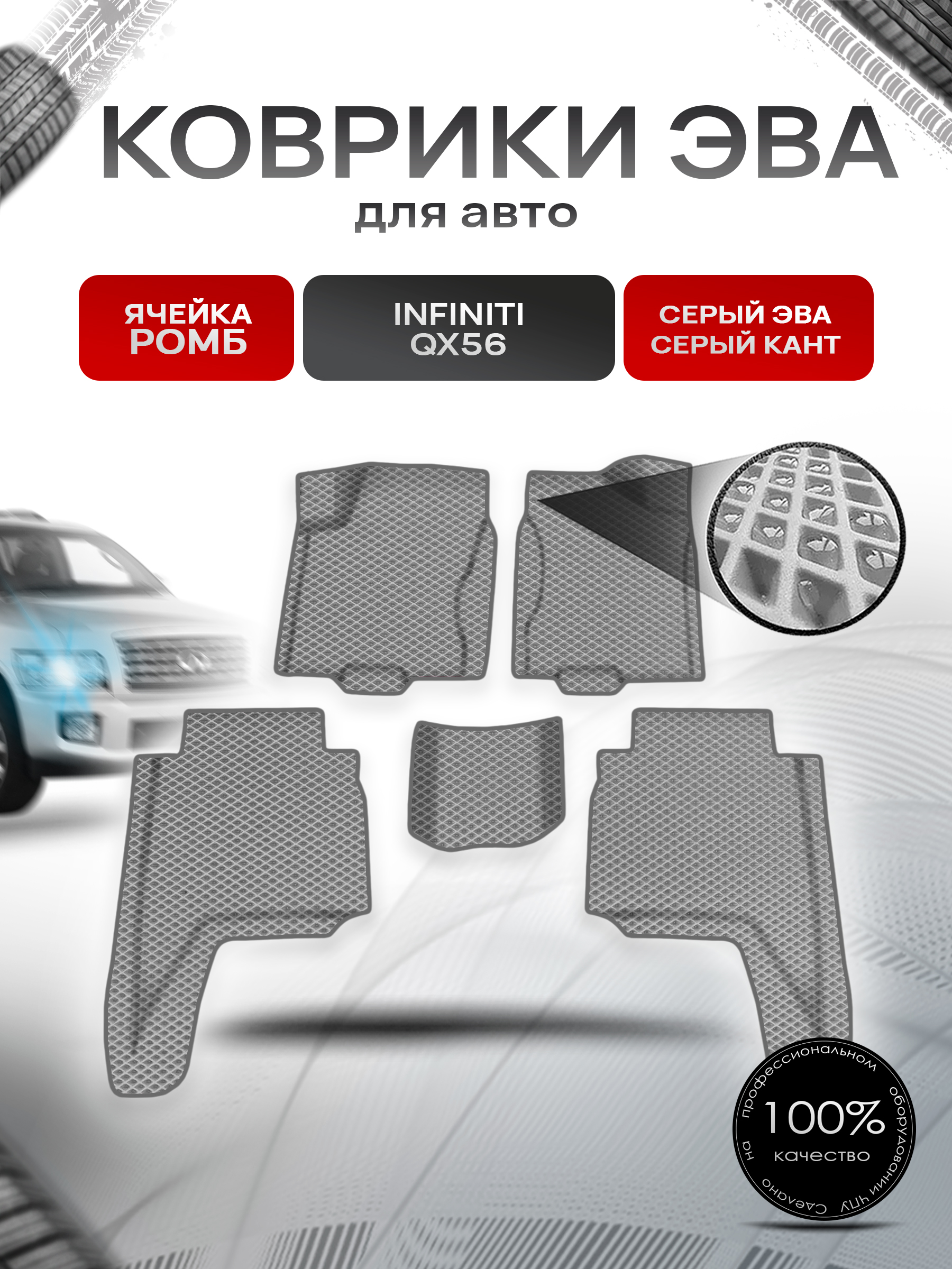 Коврики ЭВА Ромб для авто Инфинити / Infiniti QX56 2004-2010 Г.В. Серый с Серым кантом. Ричмарк — фото 1