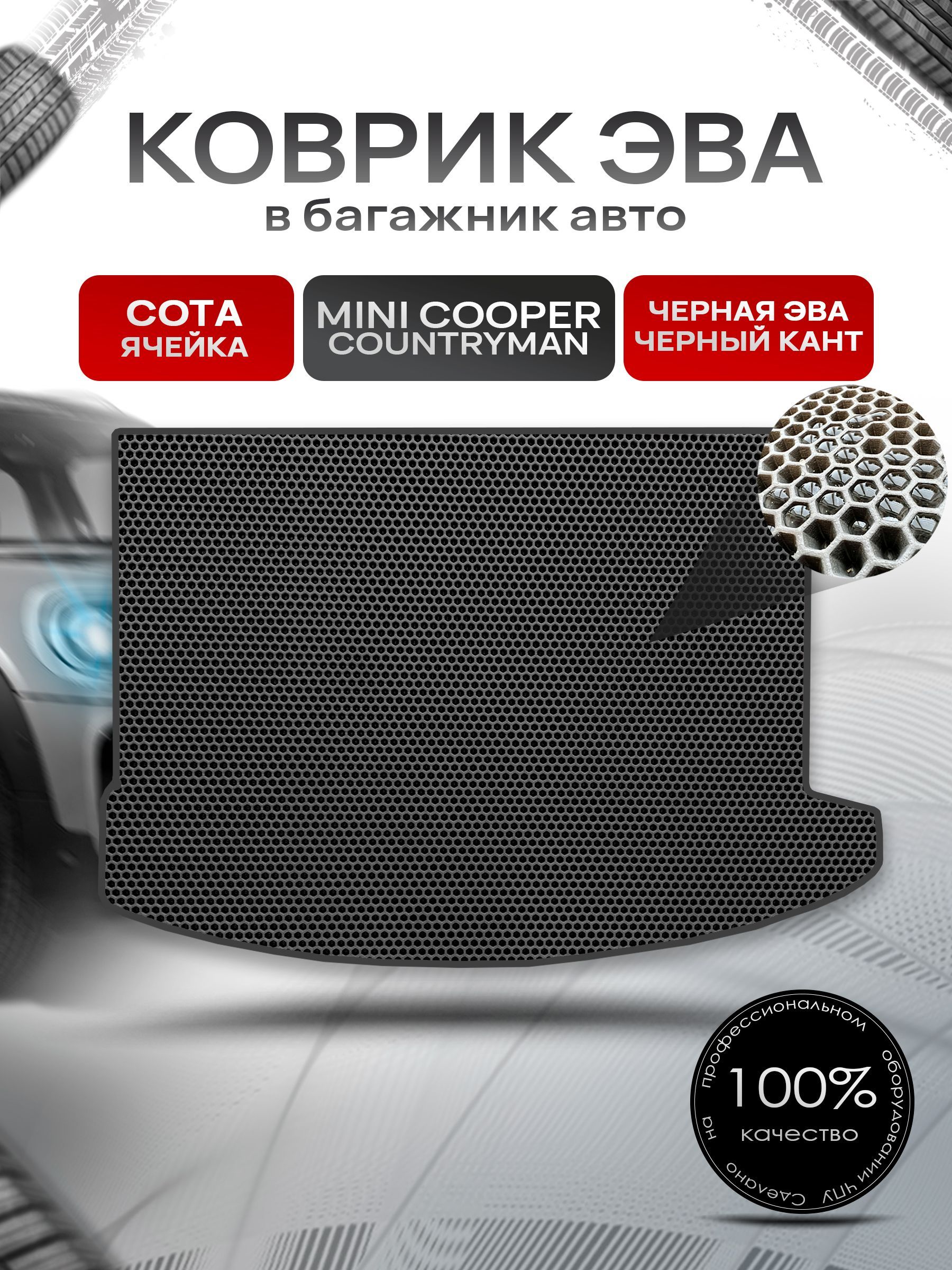 Коврик в багажник ЭВА СОТА для авто BMW Mini Cooper Countryman / БМВ Мини Купер 2016-2019 Чёрный с Чёрным кантом. Ричмарк — фото 1