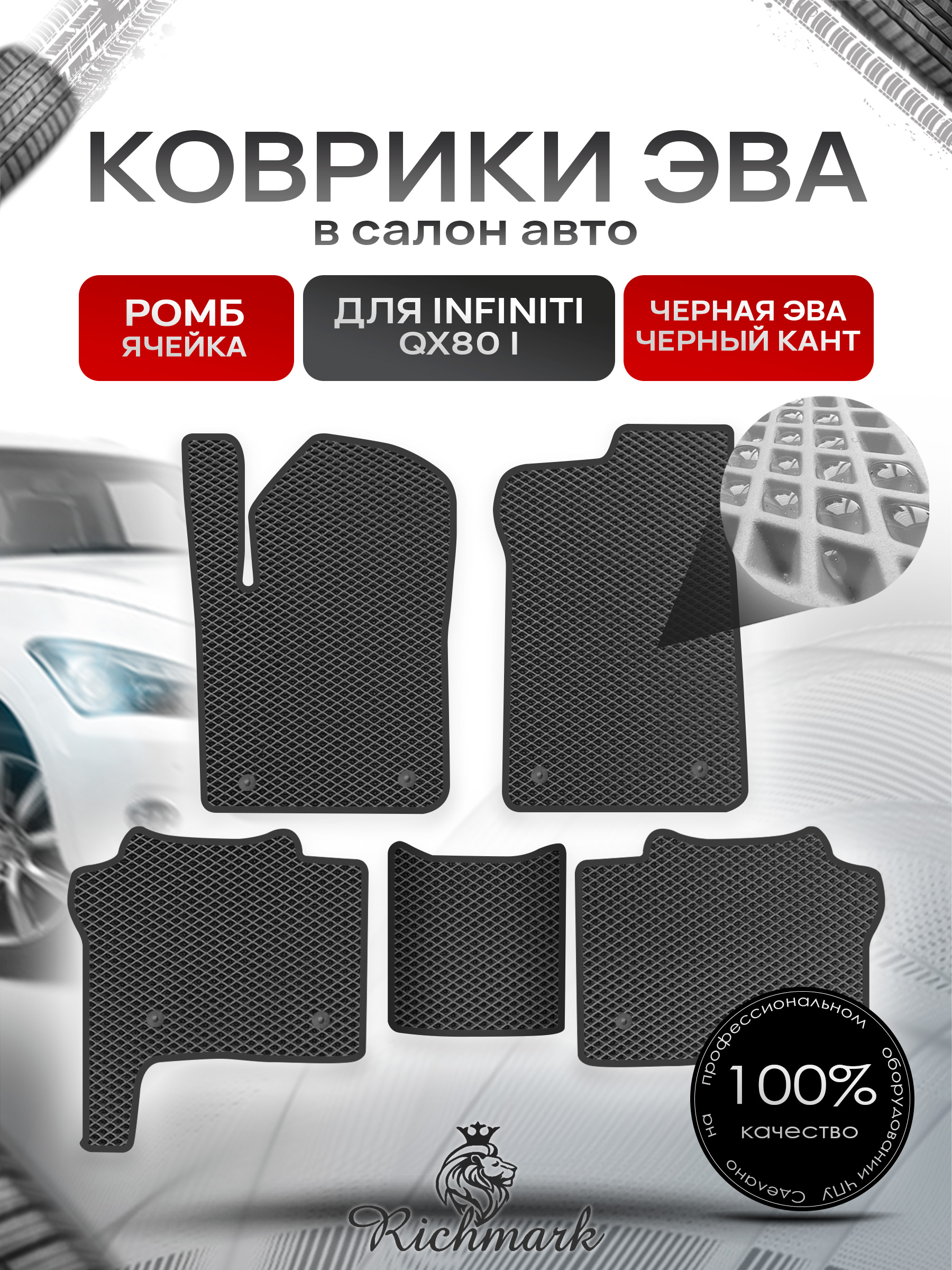 Коврики ЭВА РОМБ для автомобиля Infiniti QX80 I 2013+ / Инфинити Чёрный С Чёрным Кантом. Ричмарк — фото 1