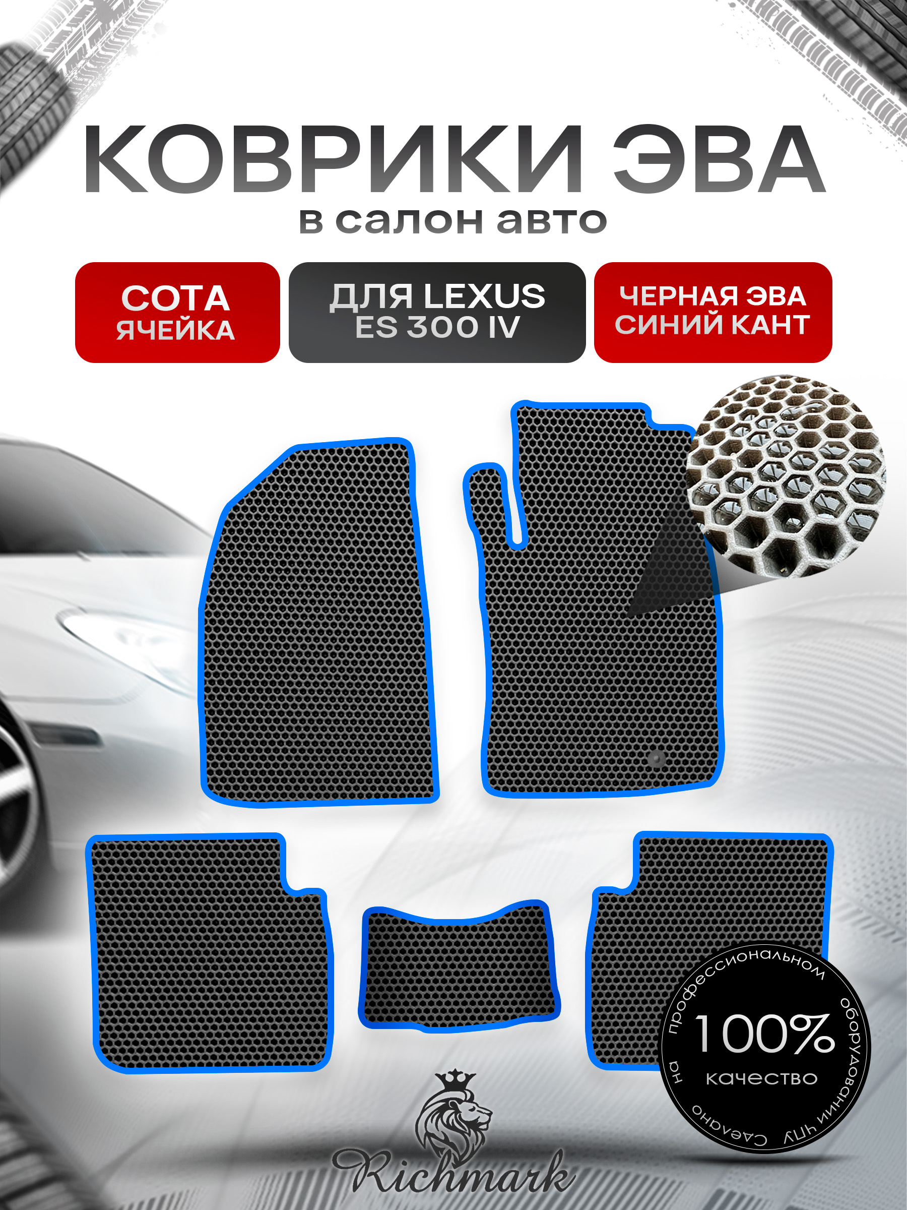 Коврики ЭВА СОТА для автомобиля Lexus ES 300 IV (правый руль) 2001-2006 / Лексус ЕС300 Чёрный С Синим Кантом. Ричмарк — фото 1