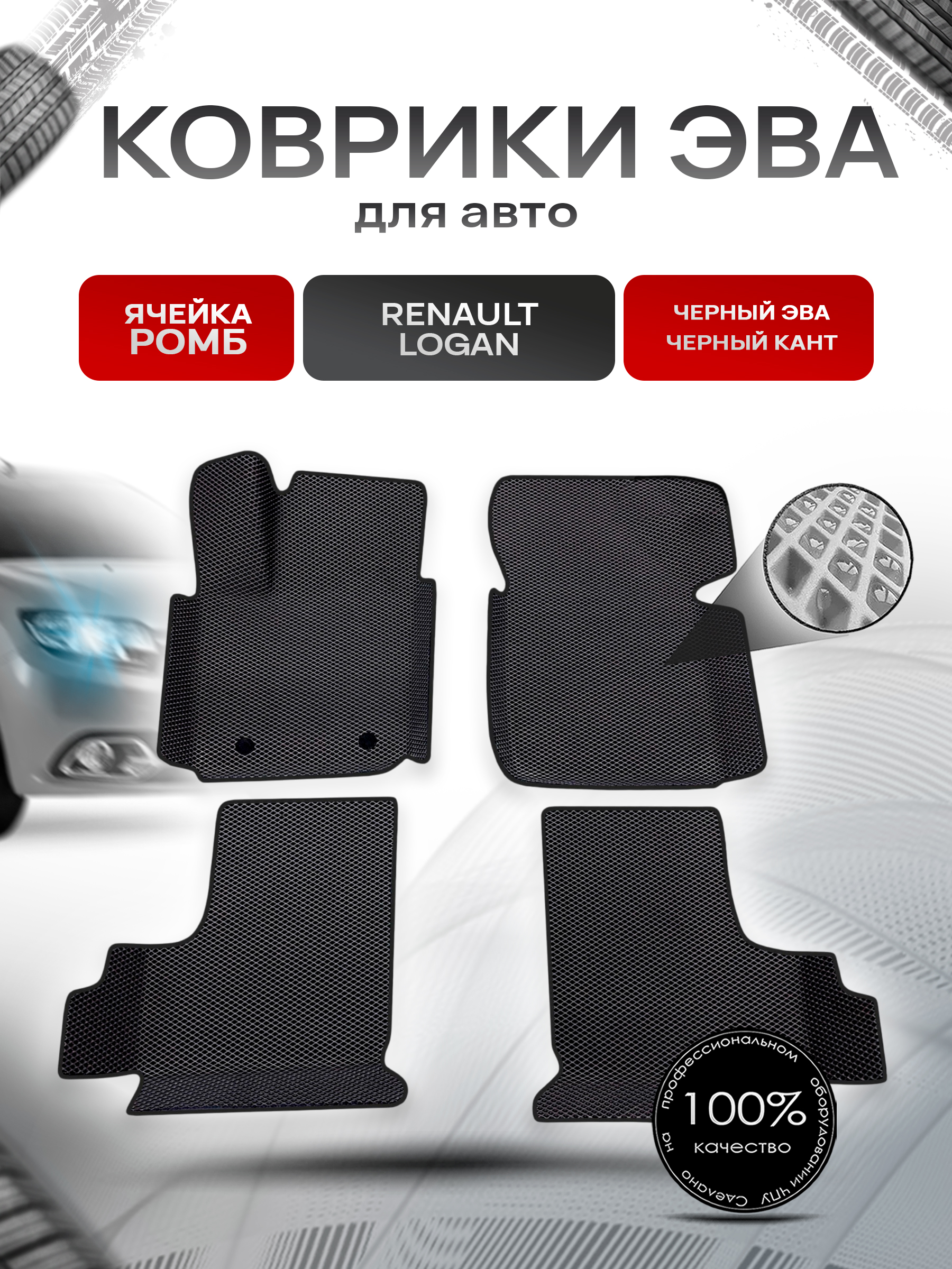 Коврики С БОРТАМИ ЭВА Ромб для авто Renault Logan / Рено Логан 2014-2022 Г.В. Чёрный с Чёрным кантом. Ричмарк — фото 1
