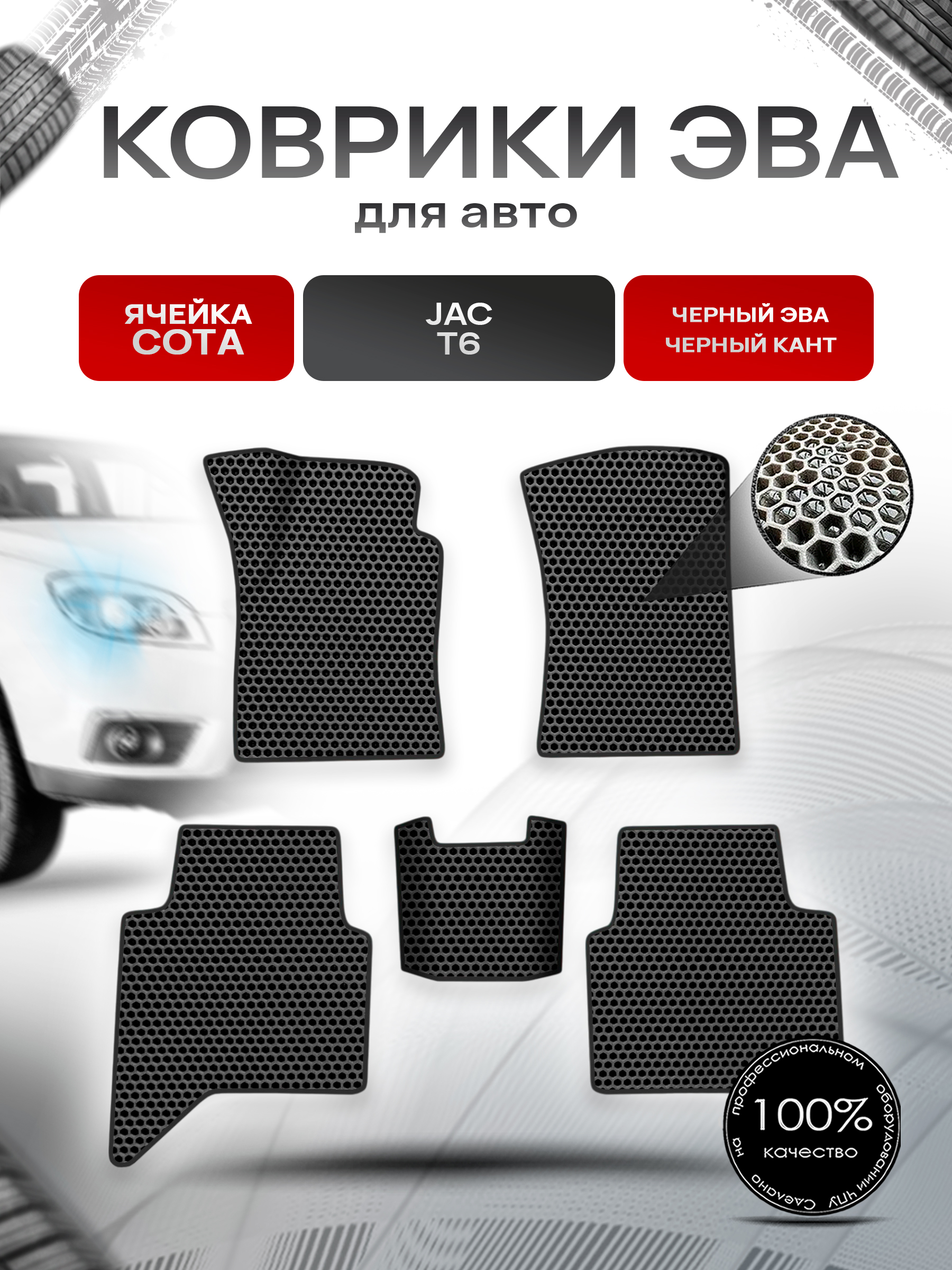 Коврики ЭВА СОТА для авто JAC T6 / Жак Т6 2016+ Чёрный с Чёрным кантом. Ричмарк — фото 1