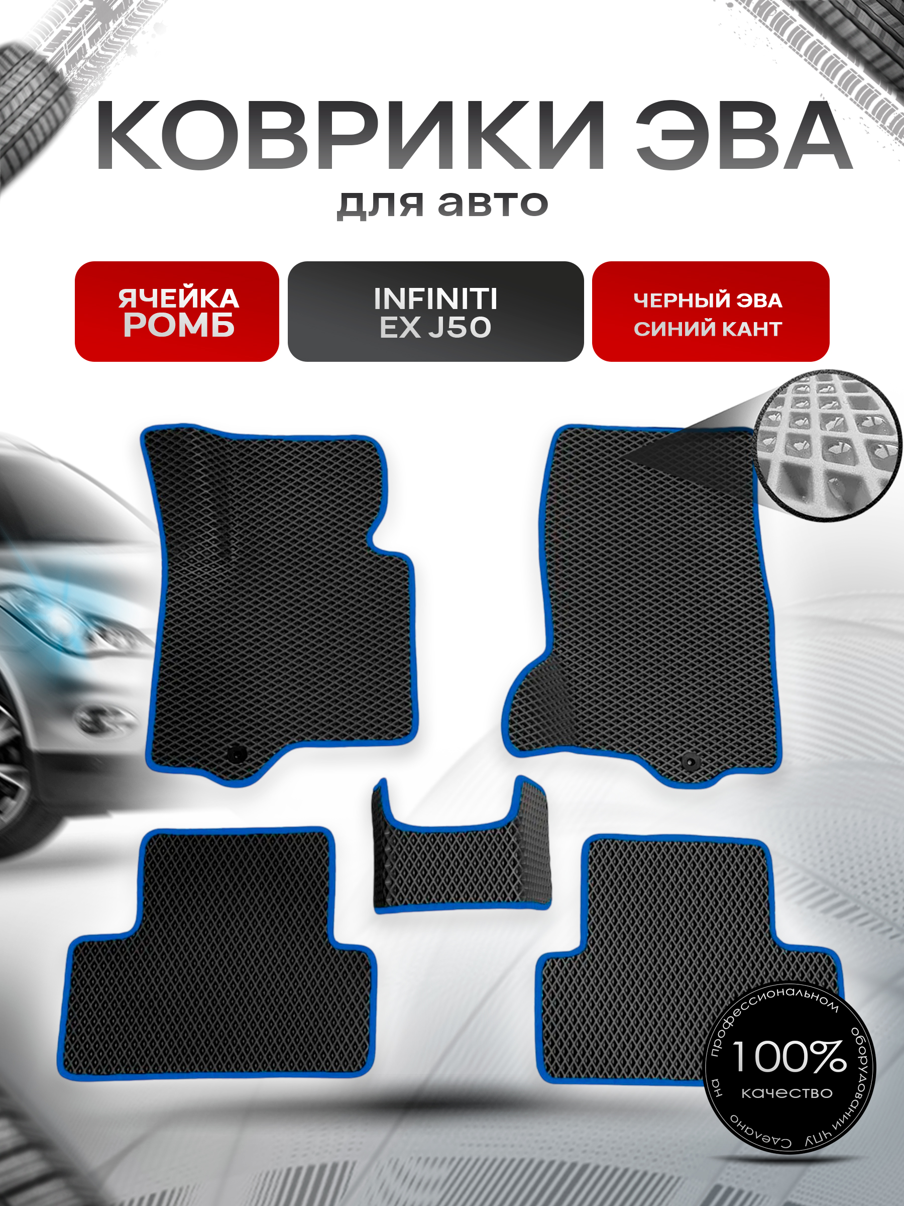 Коврики ЭВА для авто Infiniti EX / Инфинити ЕХ (J50) 2007-2013 Г.В. Чёрный С Синим Кантом. Ричмарк — фото 1