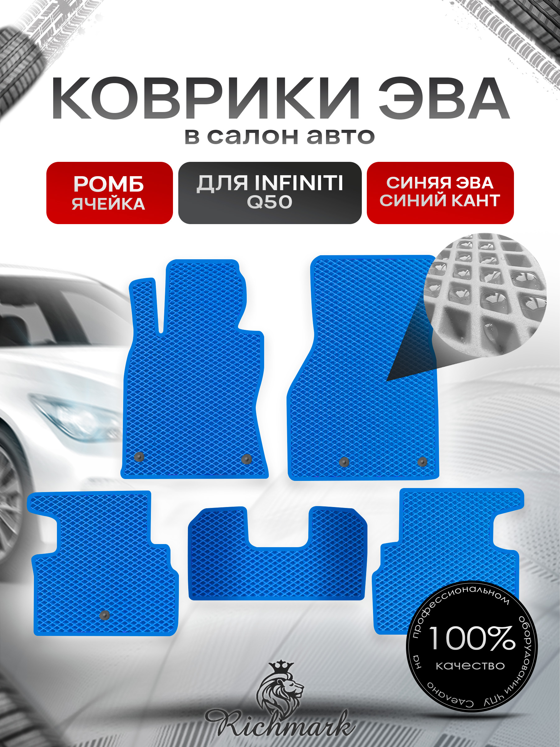 Коврики ЭВА РОМБ для автомобиля Infiniti Q50 2013+ / Инфинити Синий С Синим Кантом. Ричмарк — фото 1