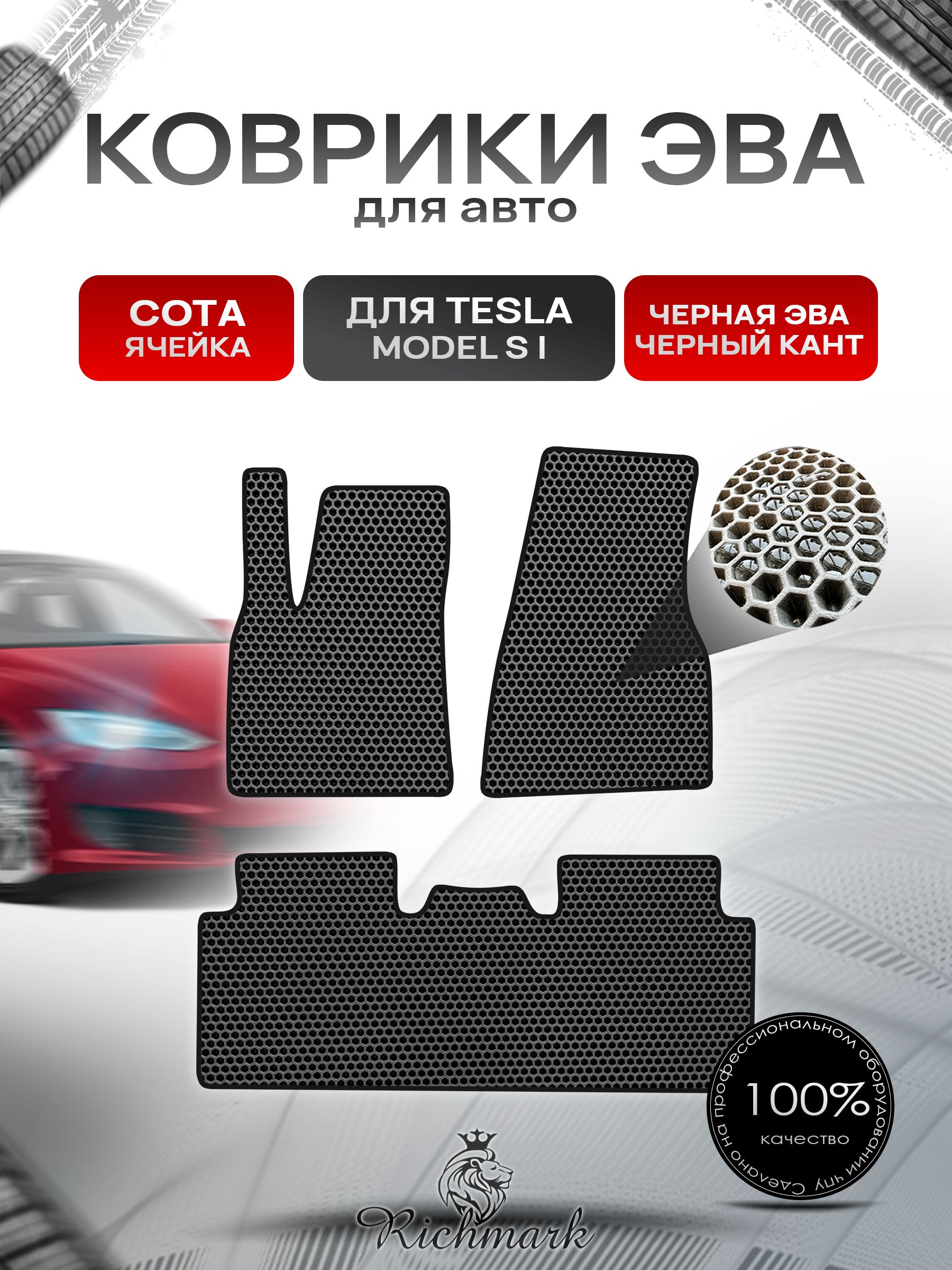 Коврики ЭВА СОТА для автомобиля TeslaModel S (1) 2012+ / Тесла Модель С Чёрный С Чёрным Кантом. Ричмарк — фото 1