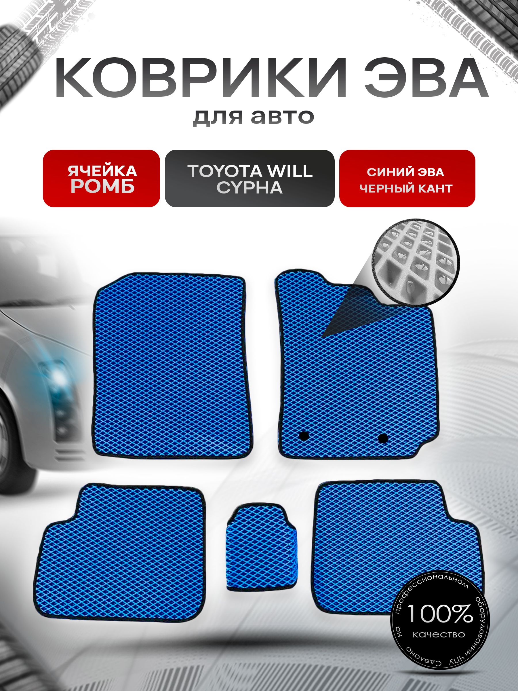 Коврики ЭВА для авто Toyota WiLL Cypha Правый руль 2002-2005 Г.В. Синий С Чёрным Кантом. Ричмарк — фото 1