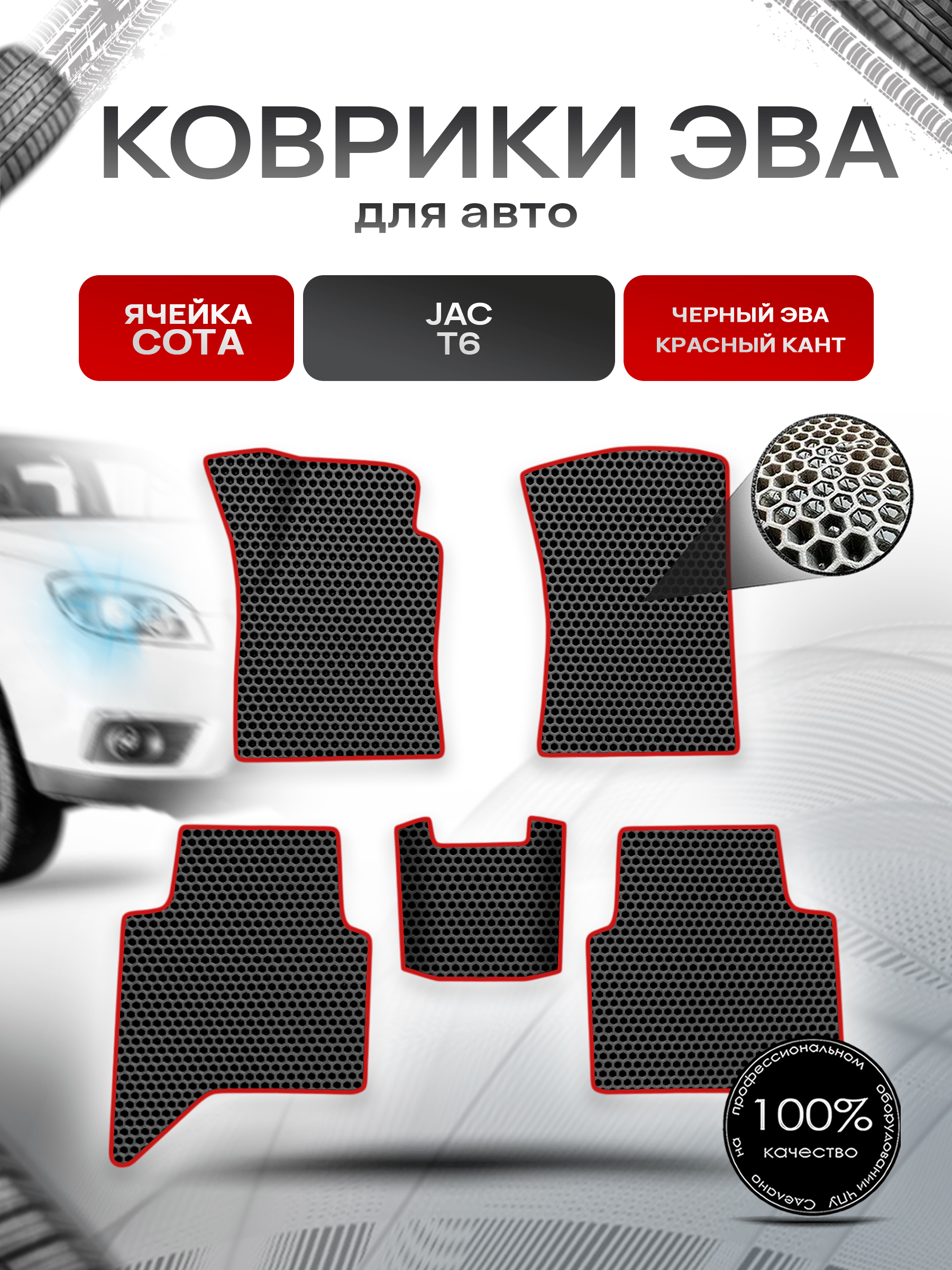 Коврики ЭВА СОТА для авто JAC T6 / Жак Т6 2016+ Чёрный с Красным кантом. Ричмарк — фото 1