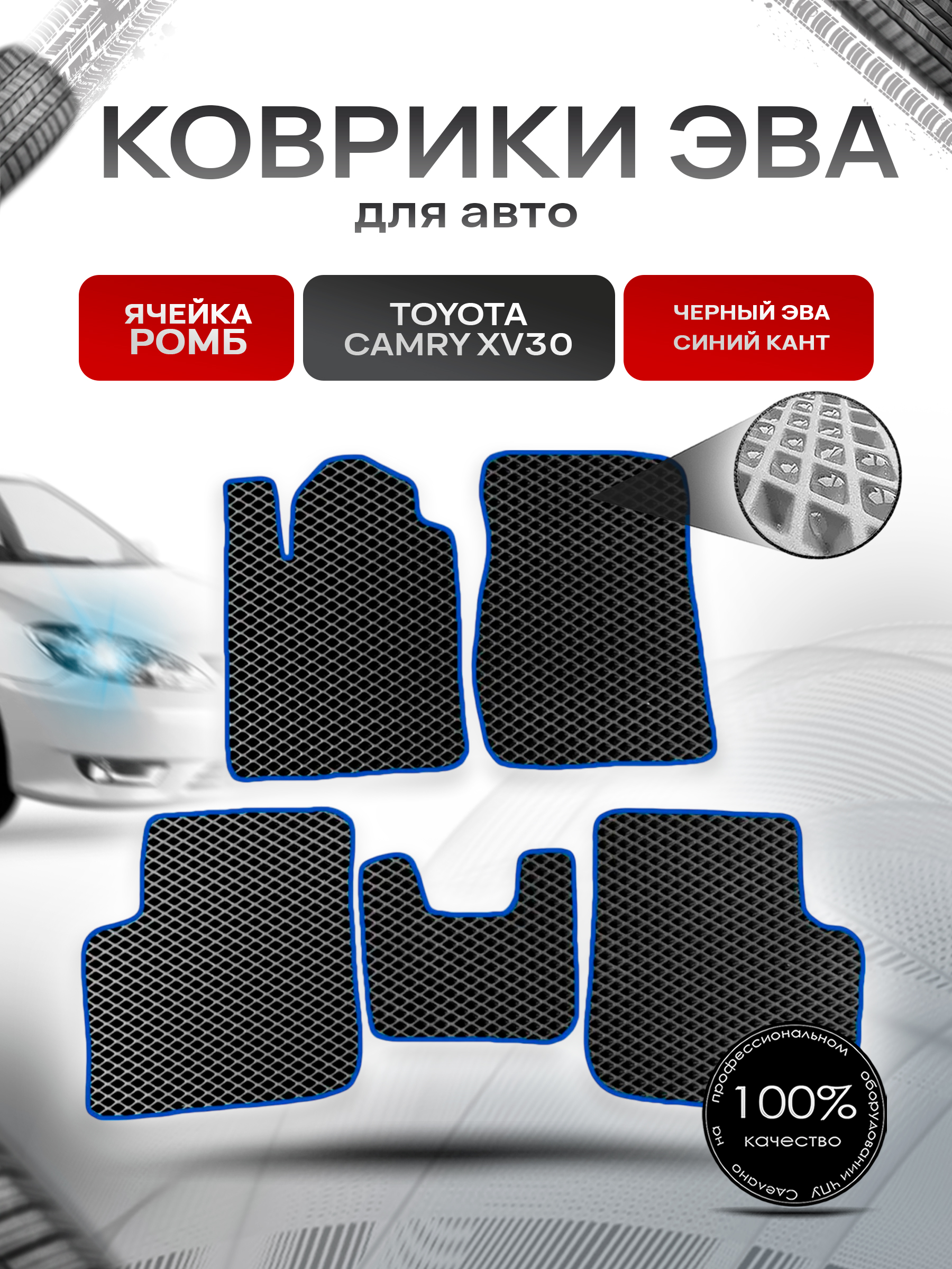 Коврики ЭВА для авто Toyota Camry / Тойота Камри (XV30) 2001-2006 Г.В. Чёрный С Синим Кантом. Ричмарк — фото 1