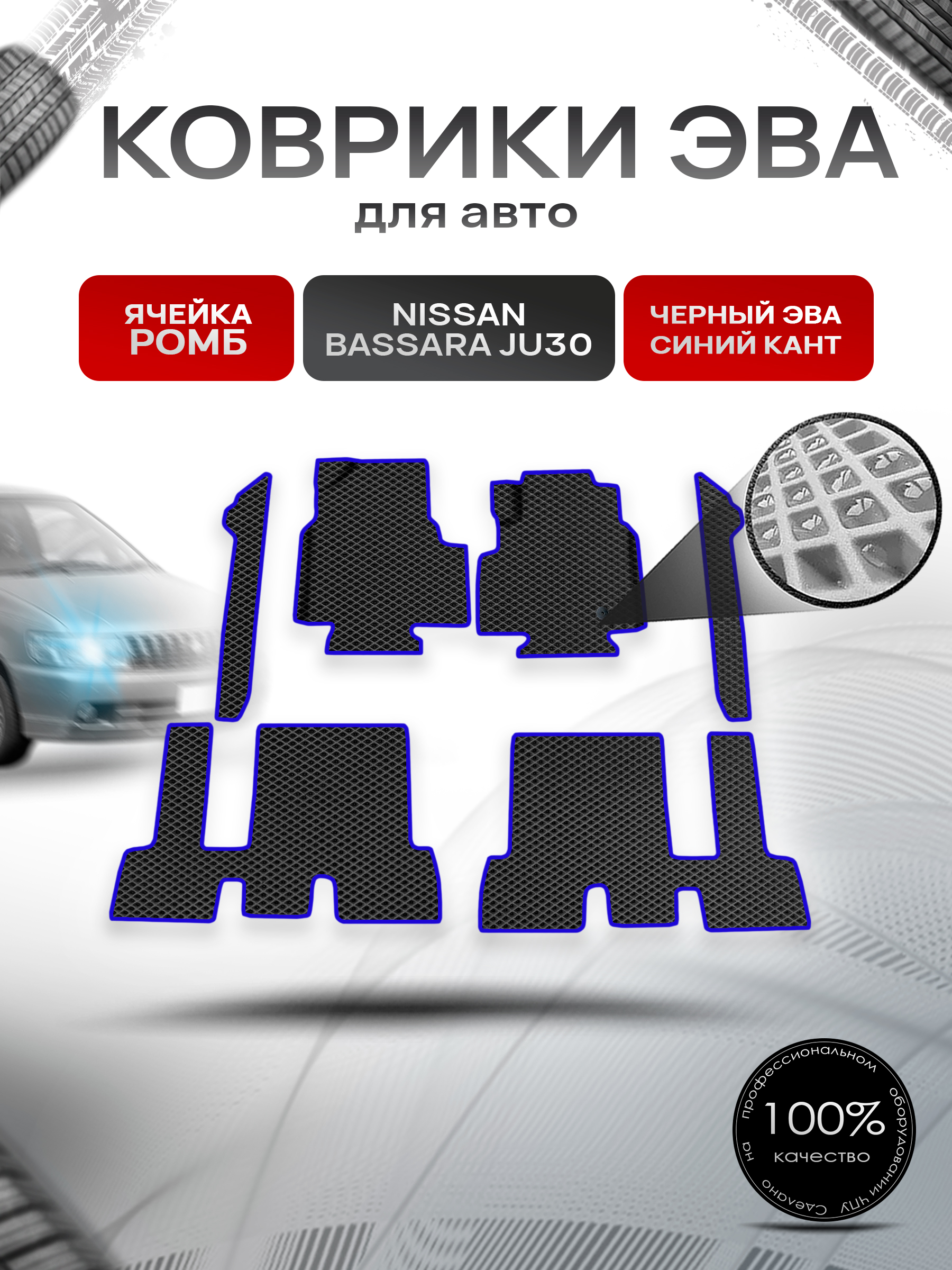 Коврики ЭВА Ромб для авто Nissan bassara ju30 пр. Руль Г.В. Чёрный с Синим кантом. Ричмарк — фото 1