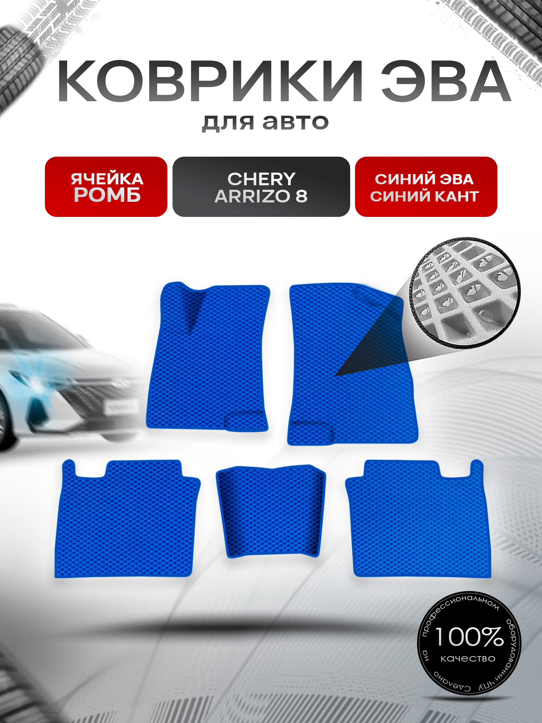 Коврики ЭВА Ромб для авто Chery Arrizo / Черри Арризо 8 2022+ Синий с Синим кантом. Ричмарк — фото 1