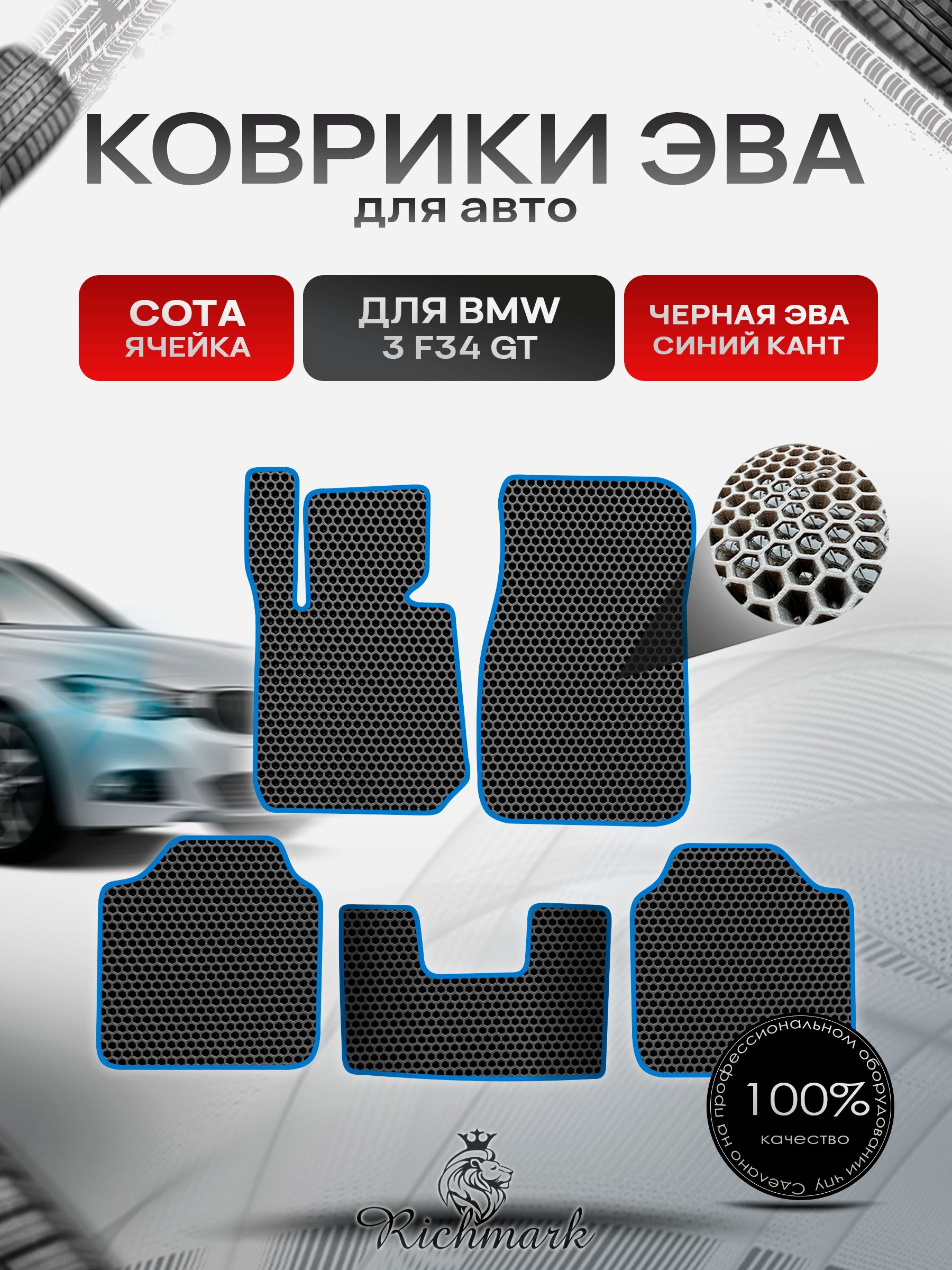 Коврики ЭВА СОТА для автомобиля BMW 3 (F34) GT 2013-2020 / БМВ 3 (Ф34) Чёрный С Синим Кантом. Ричмарк — фото 1