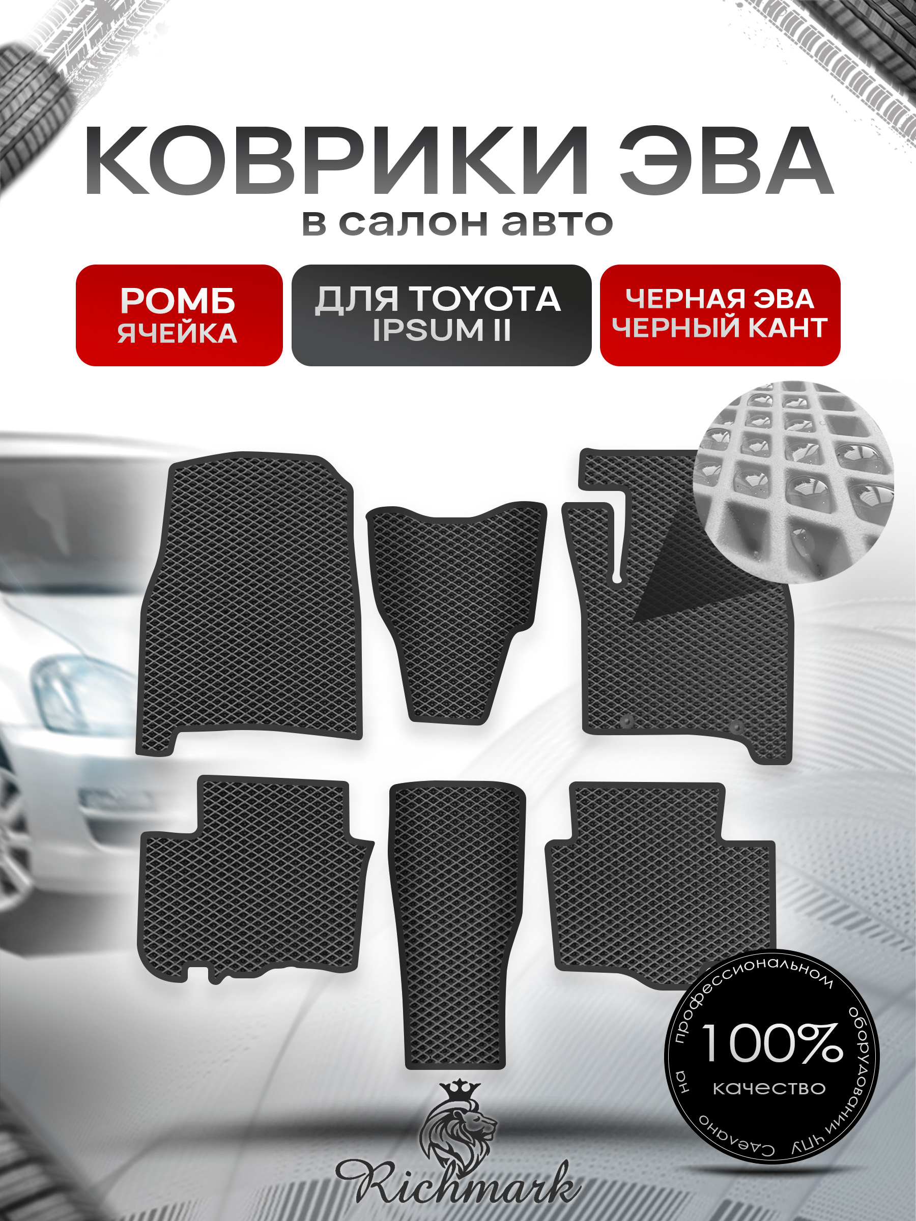 Коврики ЭВА РОМБ для автомобиля Toyota Ipsum II 2001 - 2003 (правый руль) / Тойота Ипсум Чёрный С Чёрным Кантом. Ричмарк — фото 1