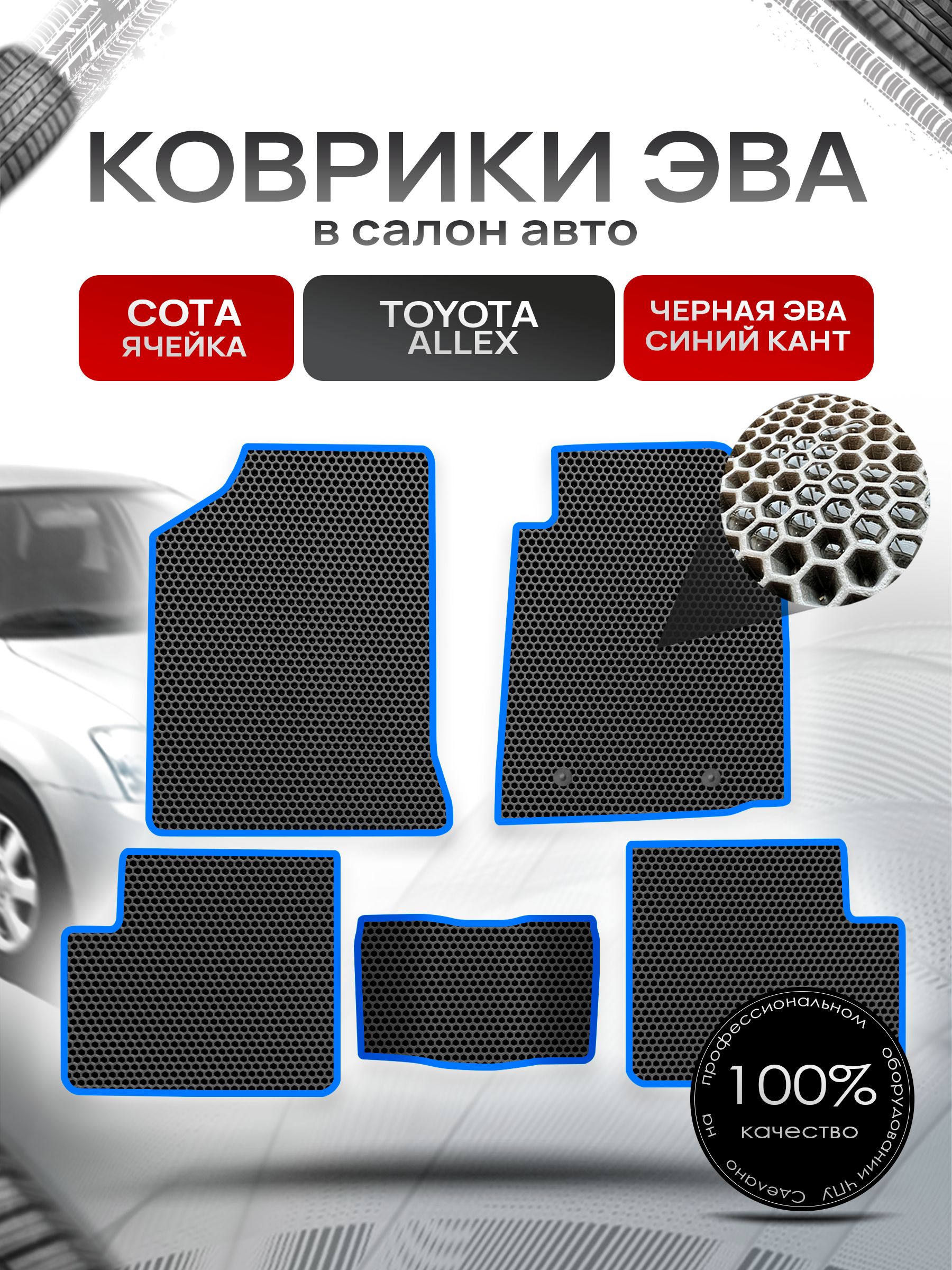 Коврики ЭВА Сота для авто Тойота Аллекс / Toyota Allex 2001-2006 Чёрный с Синим кантом. Ричмарк — фото 1