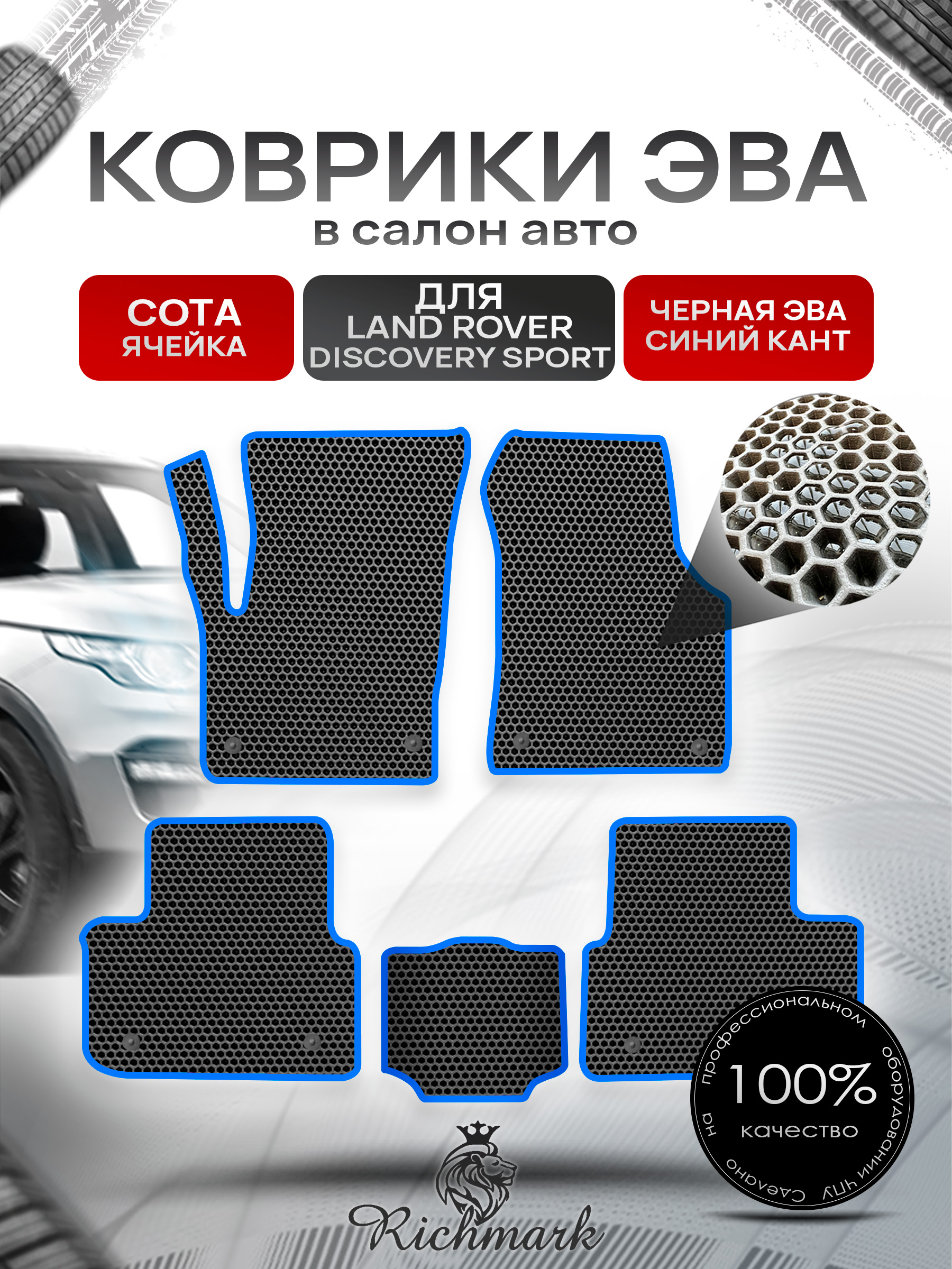 Коврики ЭВА СОТА для автомобиля Land Rover Discovery Sport 2014+ / Ленд Ровер Дискавери Спорт Чёрный С Синим Кантом. Ричмарк — фото 1