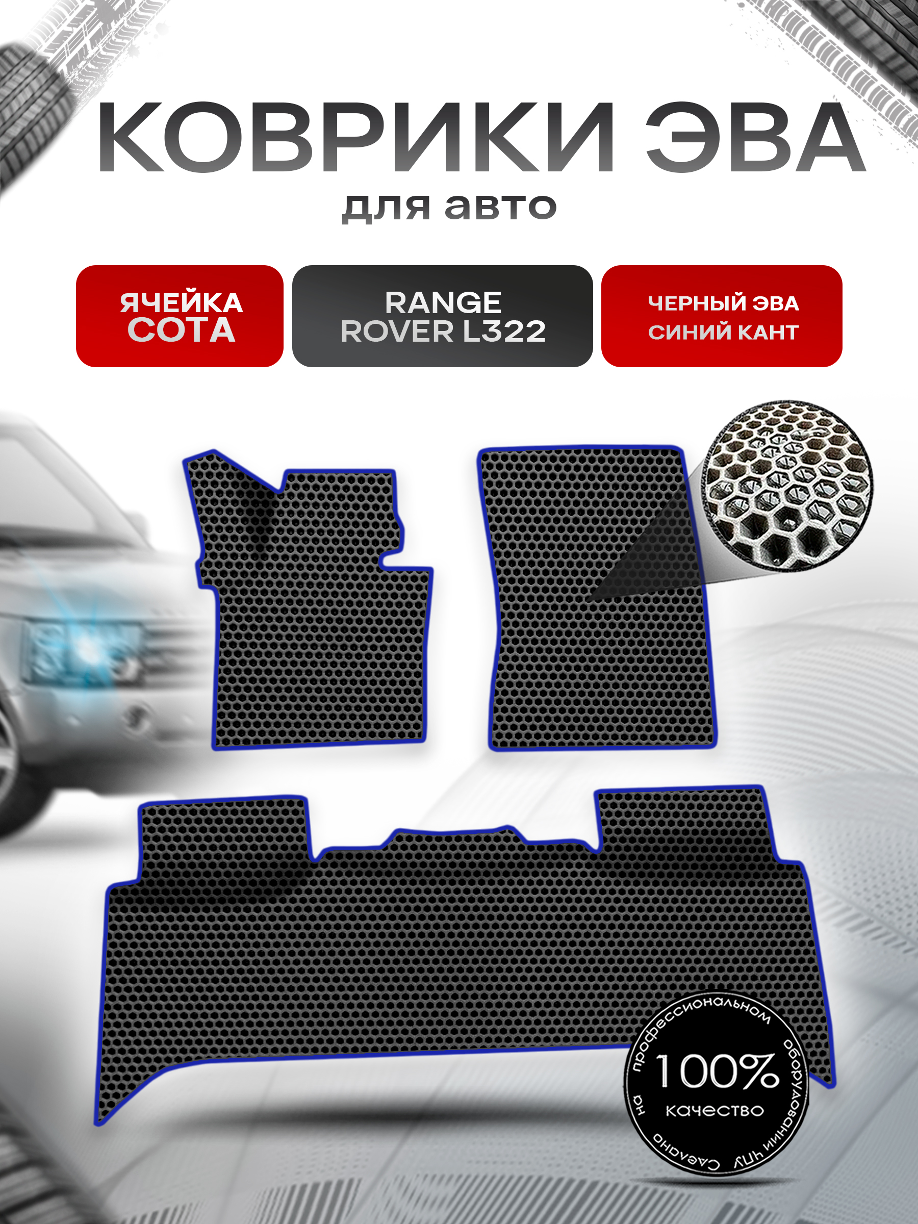 Коврики ЭВА СОТА для авто Range Rover L322 / Рэндж Ровер 2002-2012 Г.В. Чёрный с Синим кантом. Ричмарк — фото 1