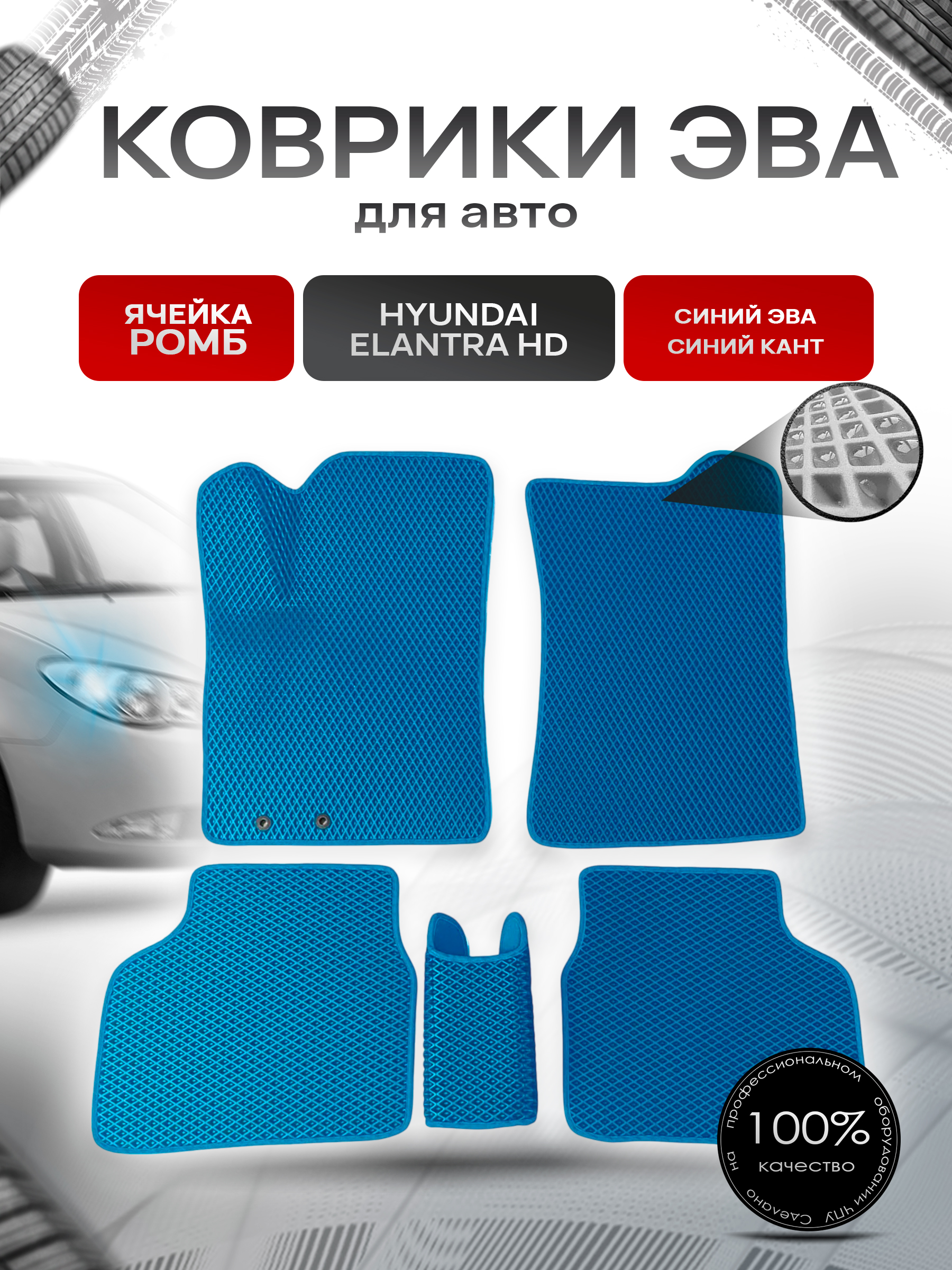 Коврики ЭВА для авто Hyundai Elantra HD / Хюндай Элантра 2006-2010 Г.В. Синий С Синим Кантом. Ричмарк — фото 1