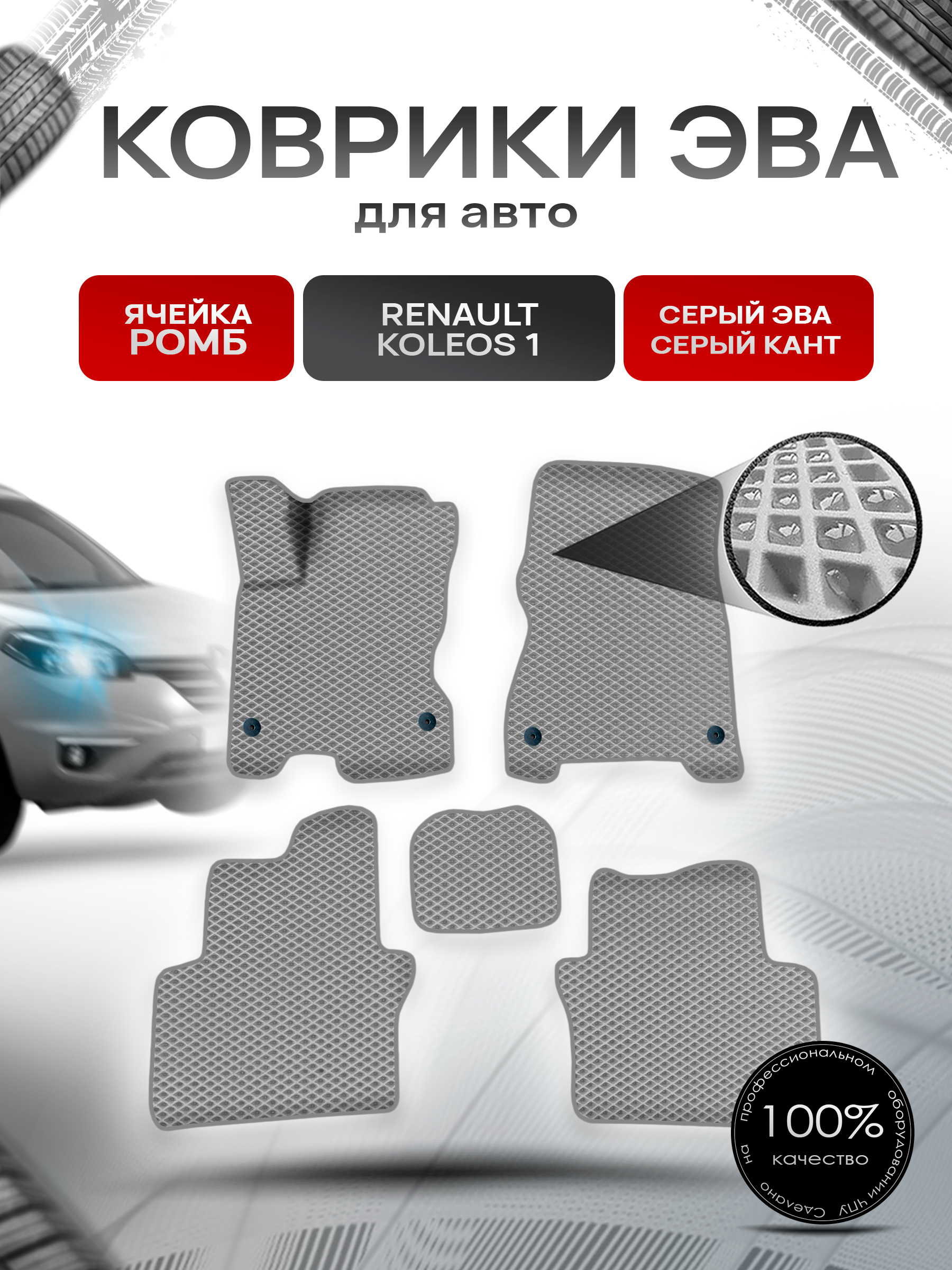 Коврики ЭВА Ромб для авто Рено Ренаулт Колеос / Renault Koleos 1 2008-2016 Г.В. Серый с Серым кантом. Ричмарк — фото 1