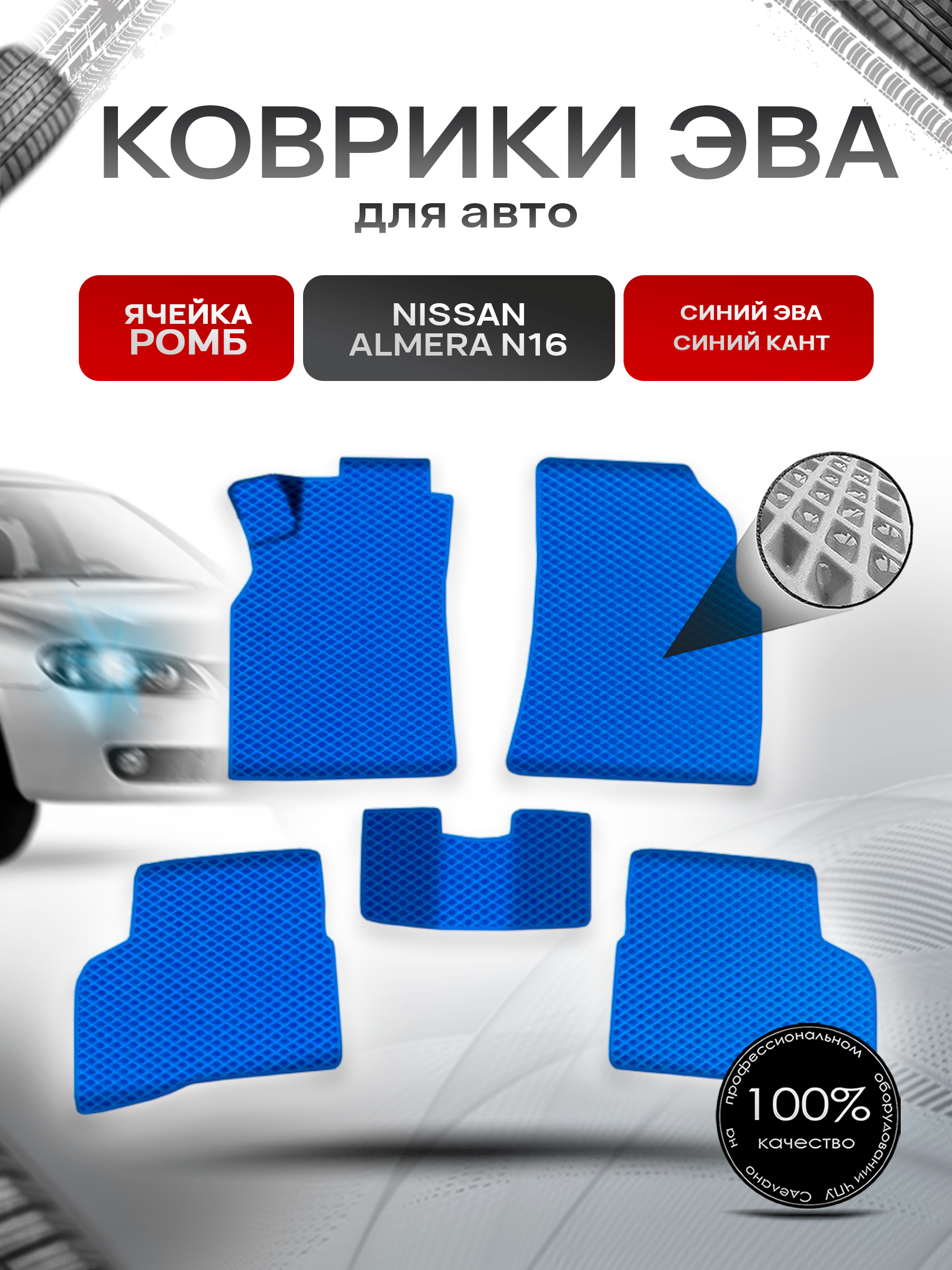 Коврики ЭВА Ромб для авто Ниссан Альмера / Nissan Almera N16 Левый Руль 2000-2006 Г.В. Синий с Синим кантом. Ричмарк — фото 1