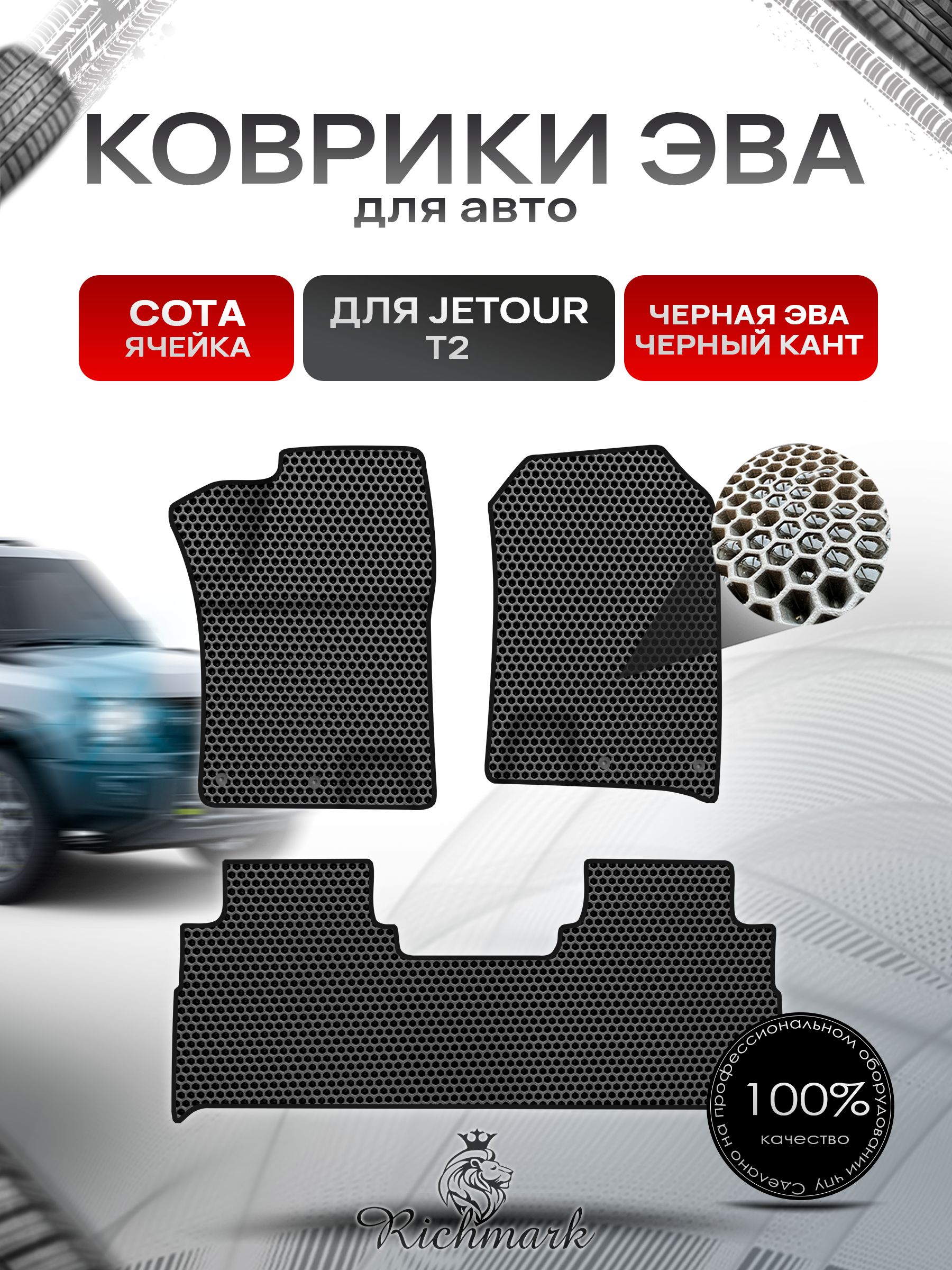 Коврики ЭВА СОТА для автомобиля Jetour T2 2023+ / Джетур Т2 Чёрный С Чёрным Кантом. Ричмарк — фото 1
