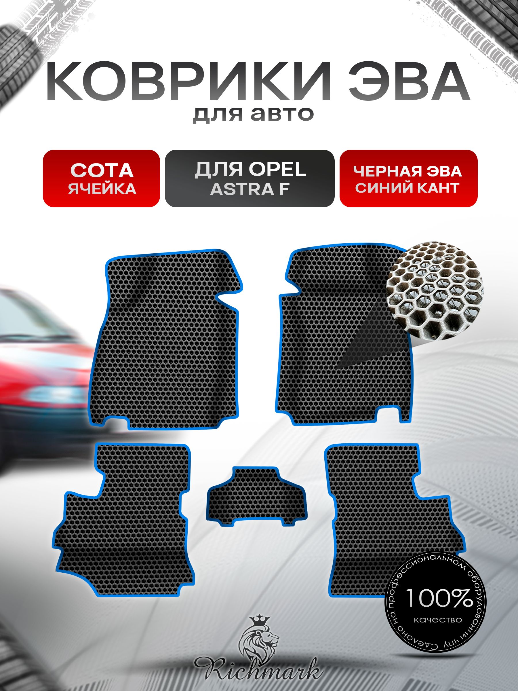 Коврики ЭВА СОТА для авто с бортами Opel Astra F 1991-1997 / Опель Астра Ф Чёрный с Синим кантом. Ричмарк — фото 1