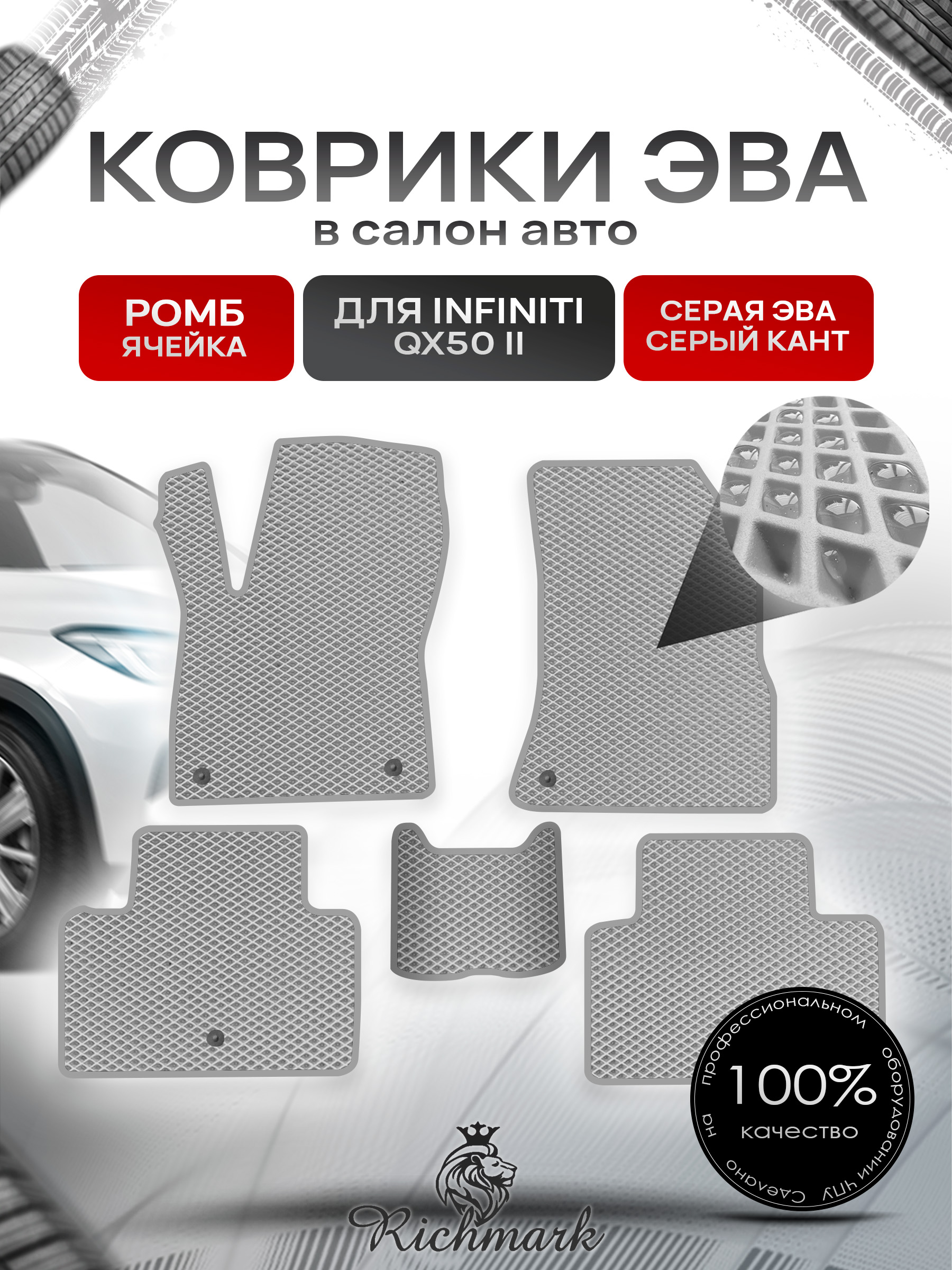 Коврики ЭВА РОМБ для автомобиля Infiniti QX50-2 2017+ / Инфинити Серый С Серым Кантом. Ричмарк — фото 1