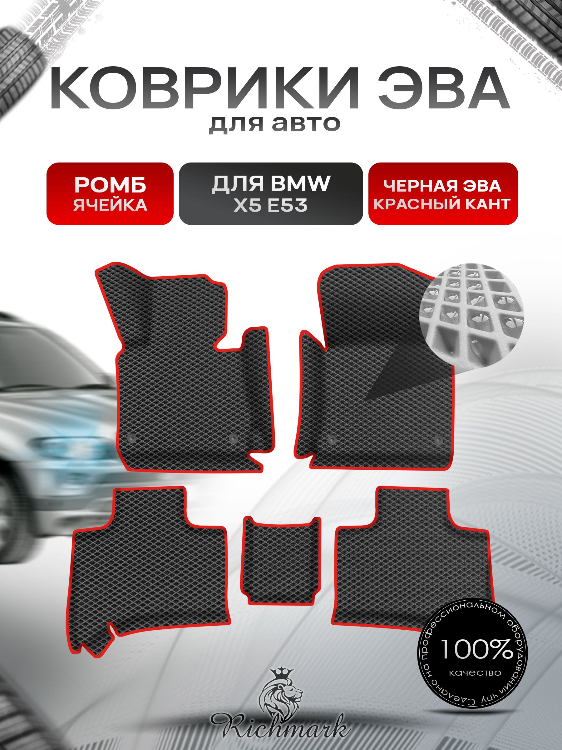 Коврики ЭВА Ромб для авто с бортами BMW X5 E53 1999-2006 / БМВ Е53 Чёрный с Красным кантом. Ричмарк — фото 1